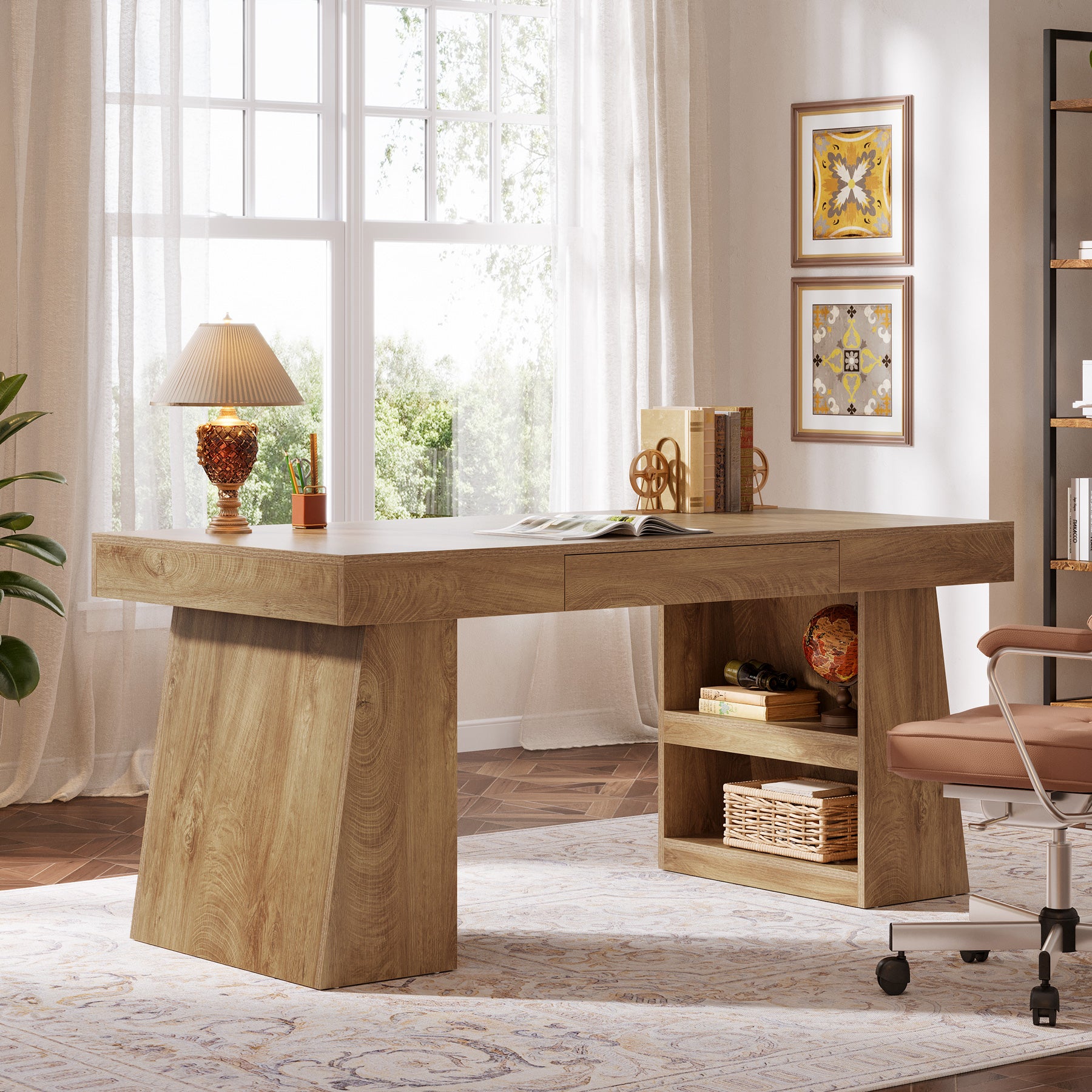 Tribesigns 55 Inch Executive Desk with Drawer, Large Office Computer Desk with Storage Shelves for Home Office