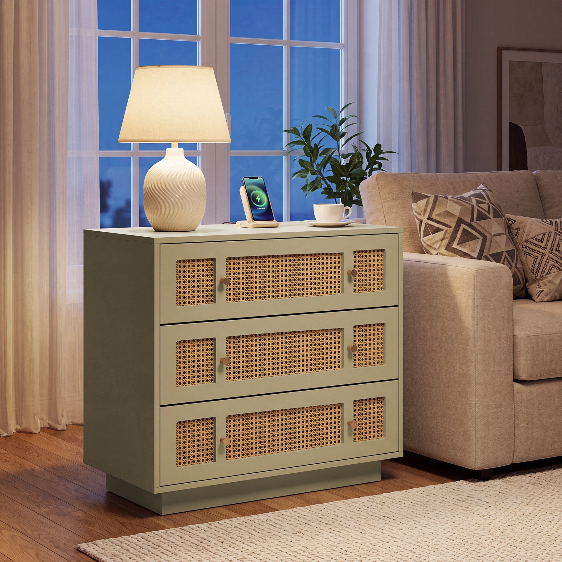 Tribesigns 31.5 Inch Rattan Nightstand with 3 Drawers, Oversized Bedside Table for Bedroom