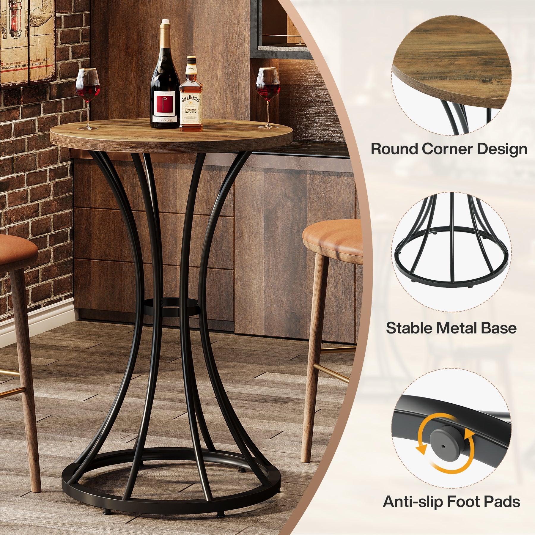 37.4" Round Bar Table for Two, Cocktail Table with Curved Metal Base in Black