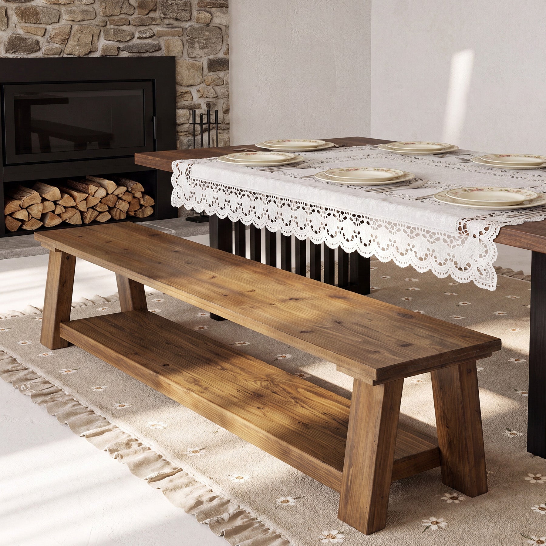 70.9-Inch Solid Wood Dining Bench with Storage Shelf, Farmhouse Bench for Dining Room