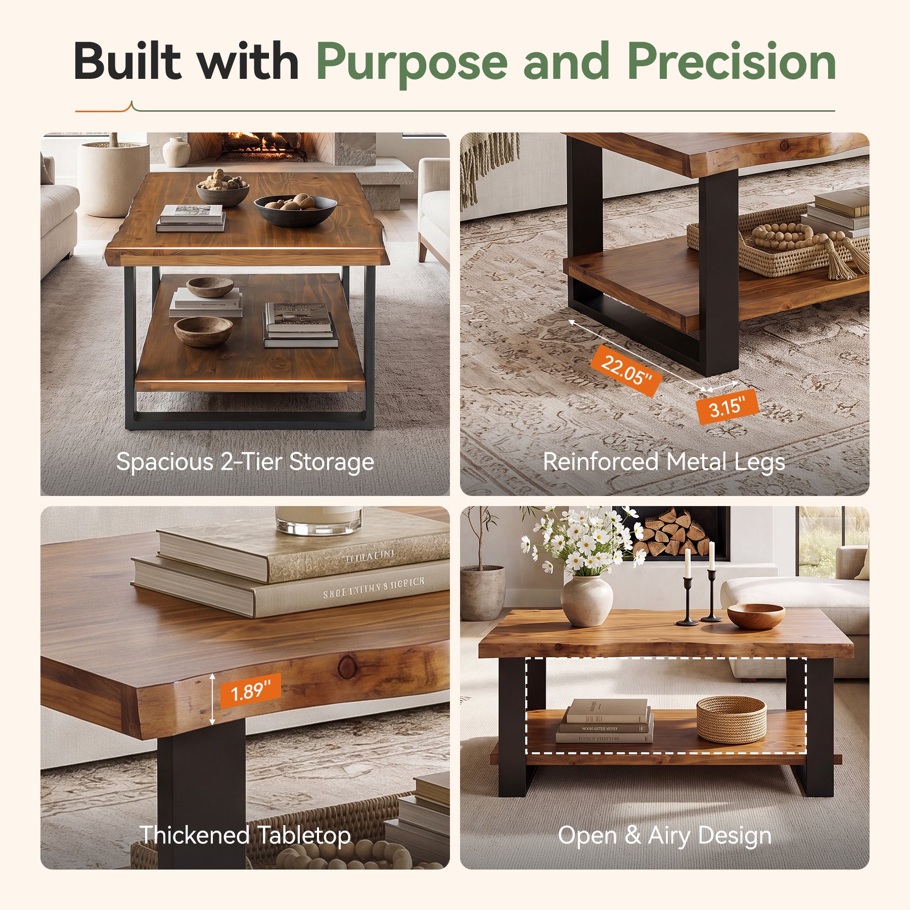 Tribesigns 47-Inch Solid Wood Coffee Table with Live Edge Top, 2-Tier Storage Table for Living Room