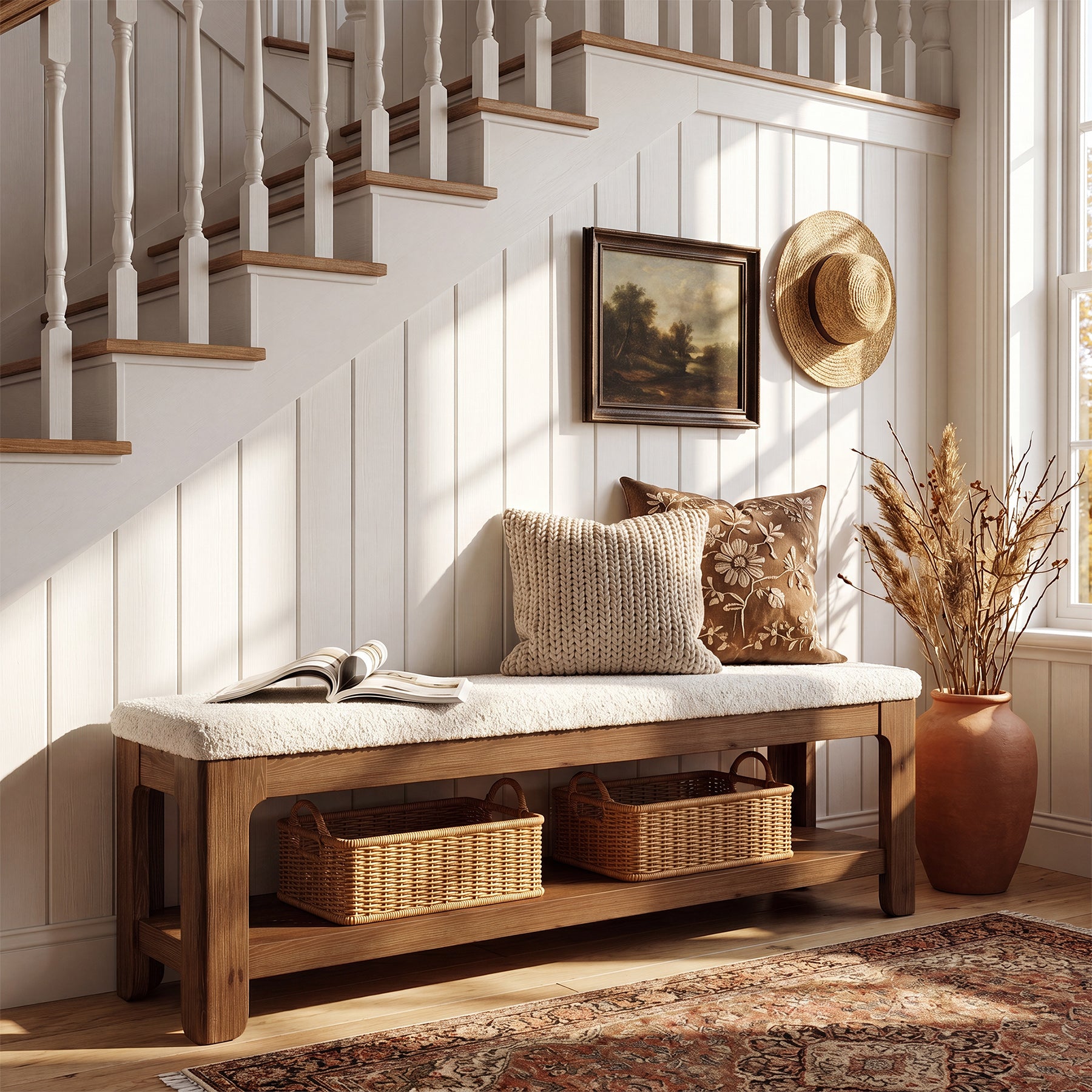 55-Inch Solid Wood Storage Bench with Faux Wool Seat, Entryway Bench for Bedroom