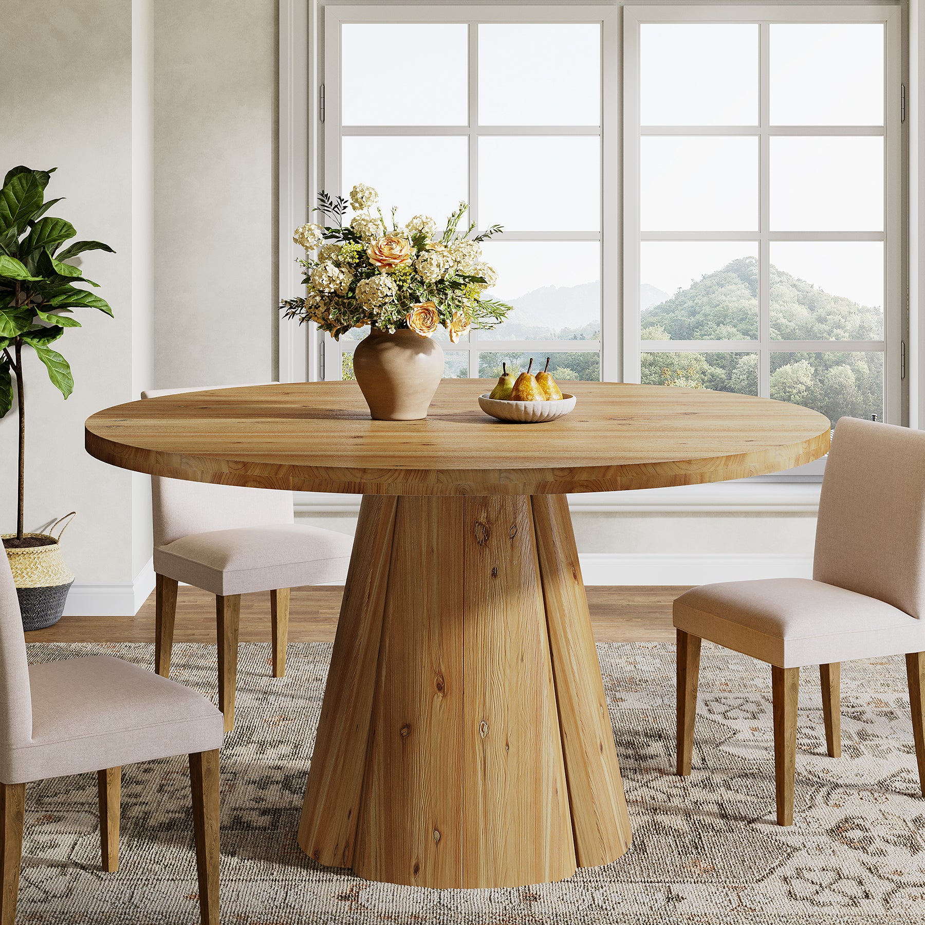 Tribesigns 47.24-Inch Solid Wood Dining Table, Farmhouse Round Kitchen Table with Pedestal Base for Dining Room