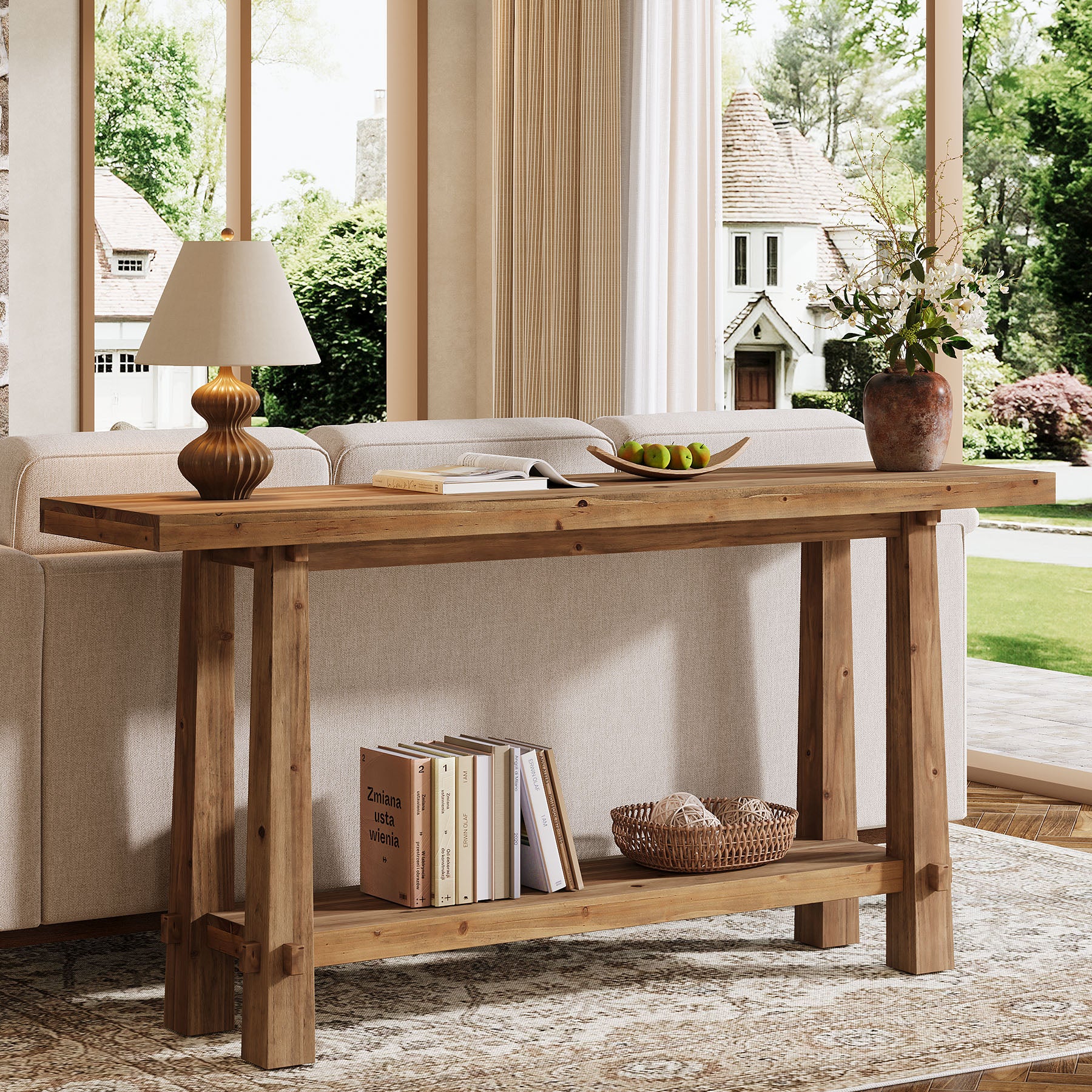 Tribesigns 63" Console Table, Farmhouse Solid Wood Entryway Sofa Table with 2-Tier Storage