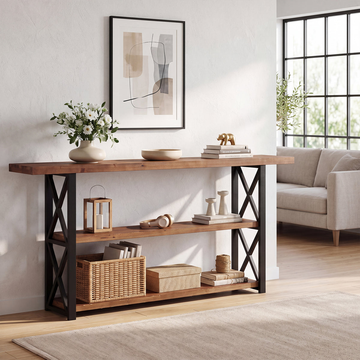 Tribesigns 63-Inch Narrow Console Table with 3-Tier Storage, Rustic Sofa Table for Hallway and Entryway