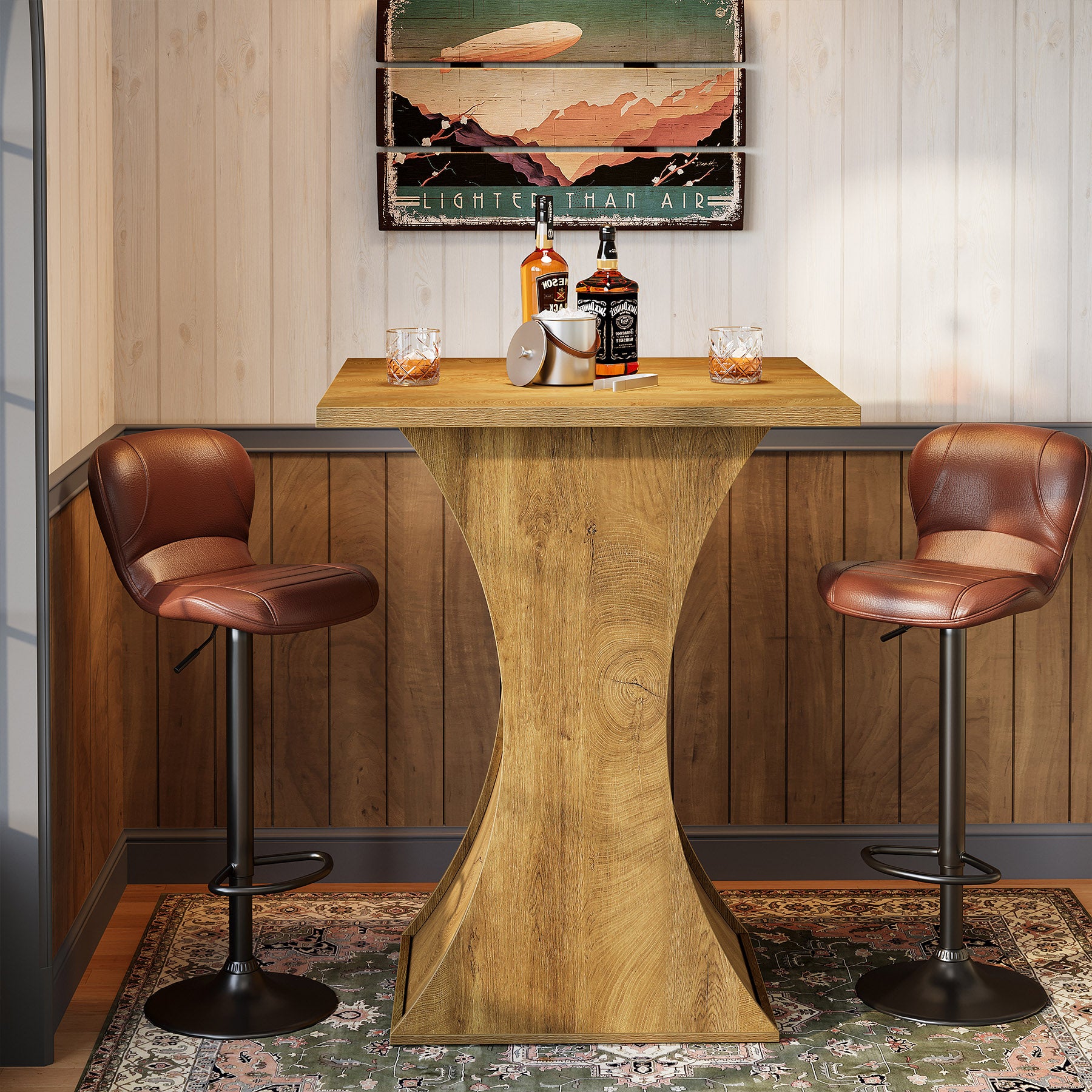 39.4 Inch Square Bar Table with Hourglass Base, Farmhouse Pub Table for Small Spaces
