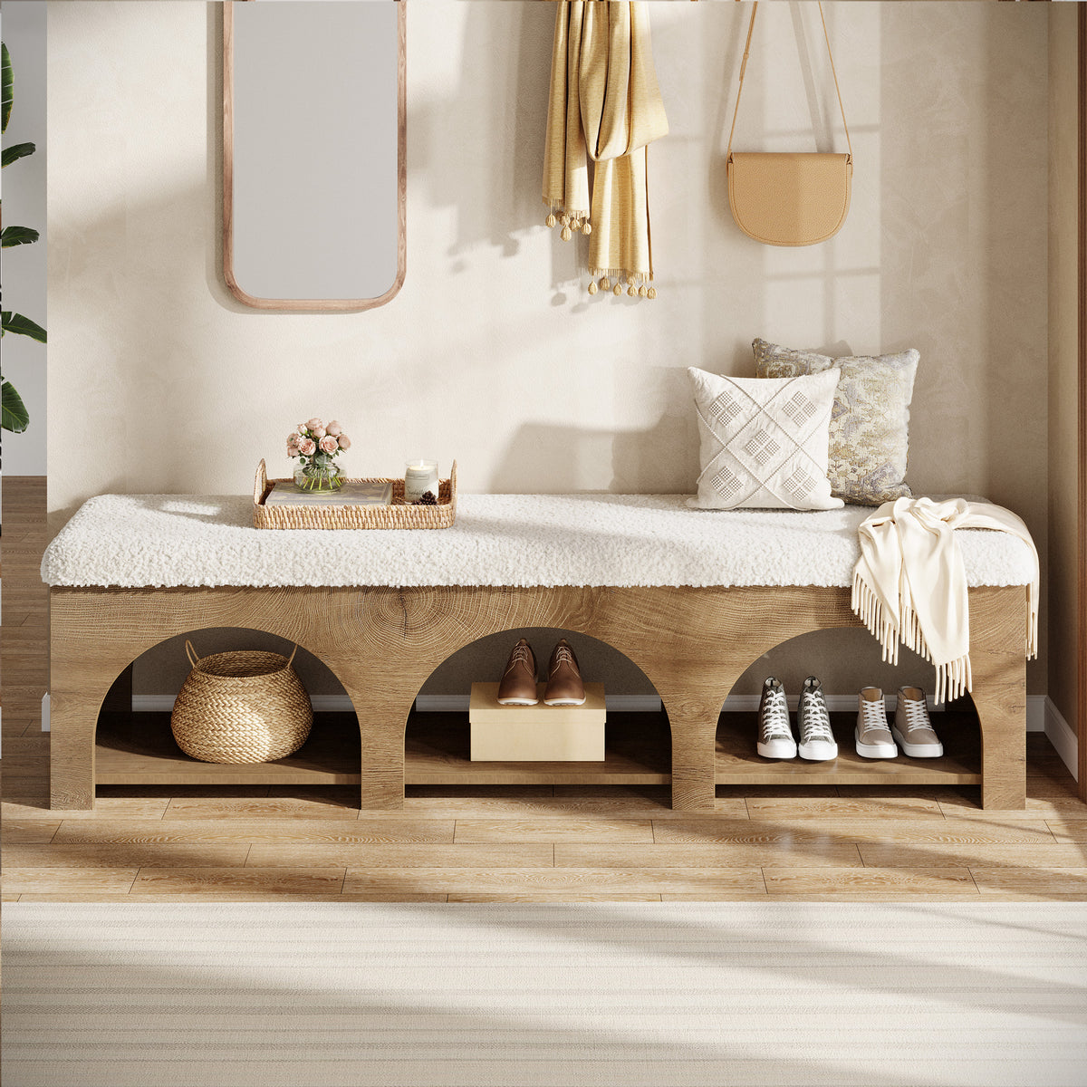 Tribesigns 63" Upholstered Entryway Bench with Arched Shoe Storage, Cushioned Bench for Hallway