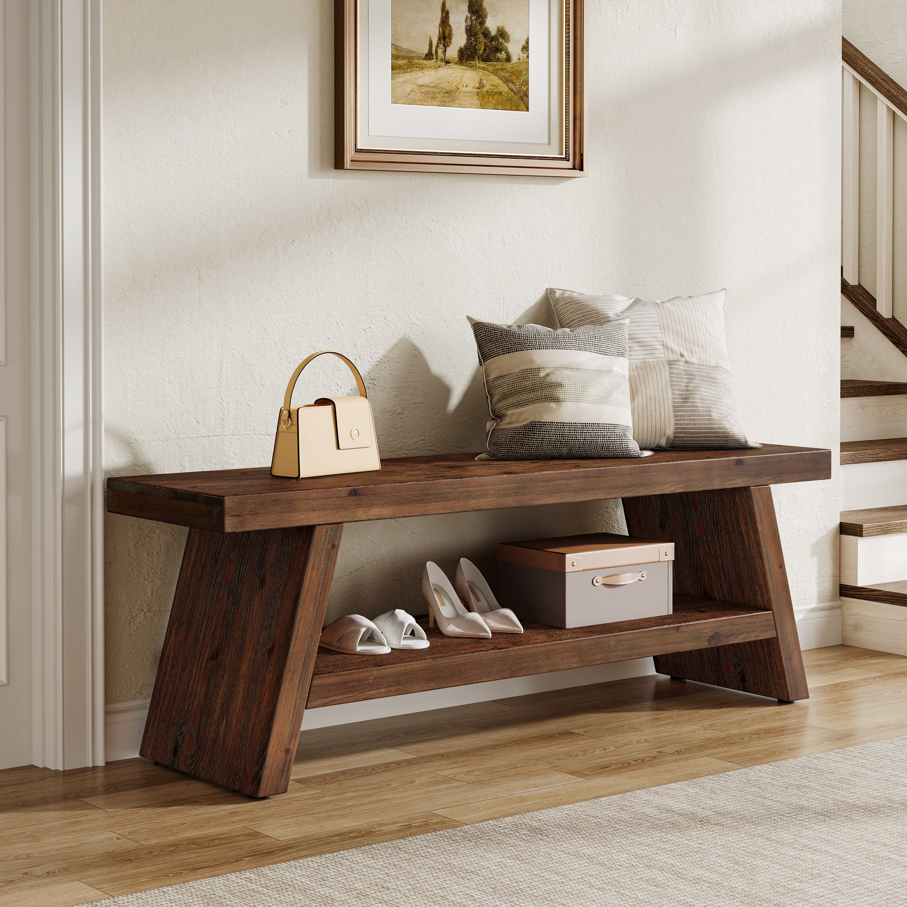 Tribesigns 47-Inch 2-Tier Wooden Storage Bench, Open Shelving Hallway Seat with Solid Fir Frame for Living Room