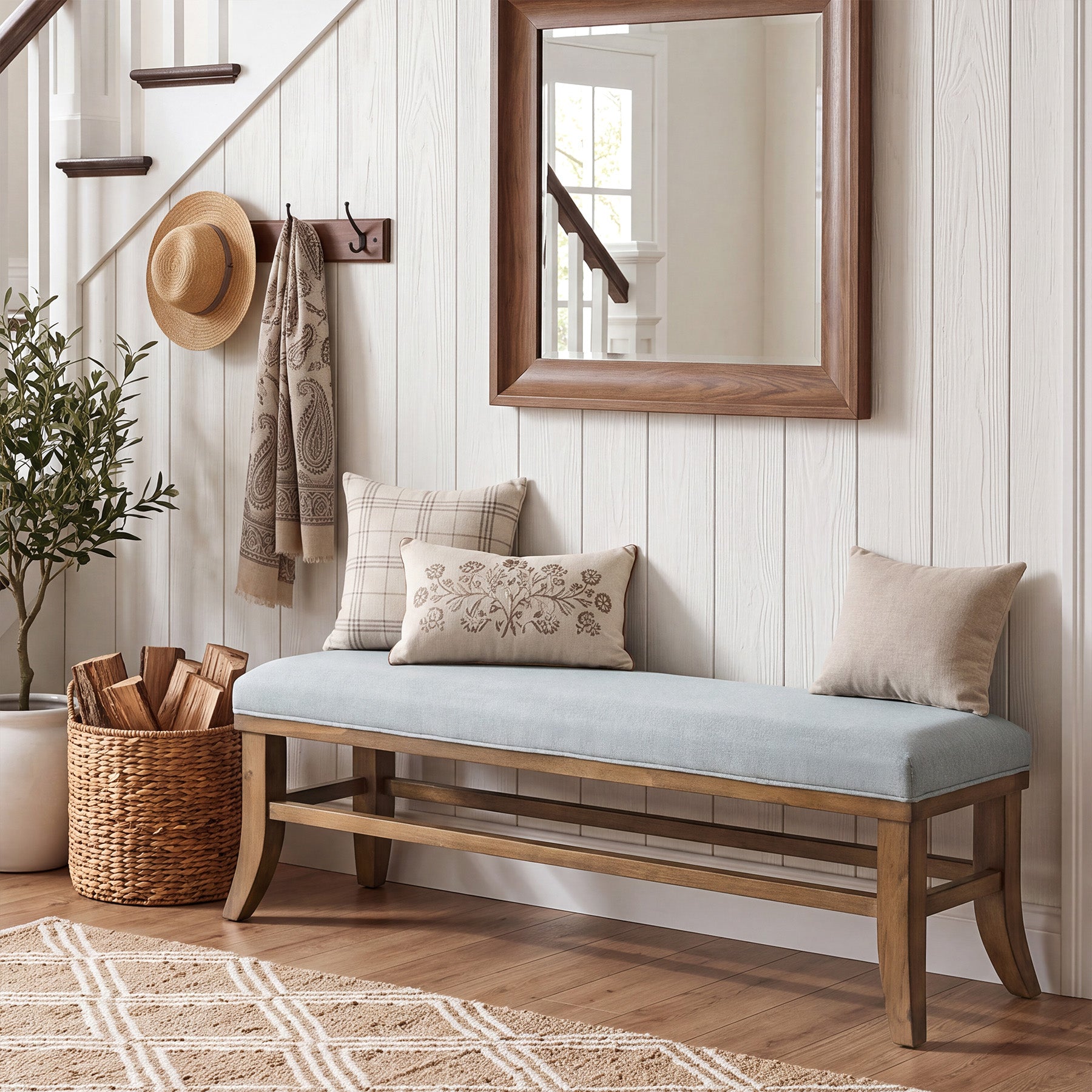 Tribesigns 55-Inch Upholstered Bench, Solid Pine Wood Frame with Cushion for Bedroom Entryway