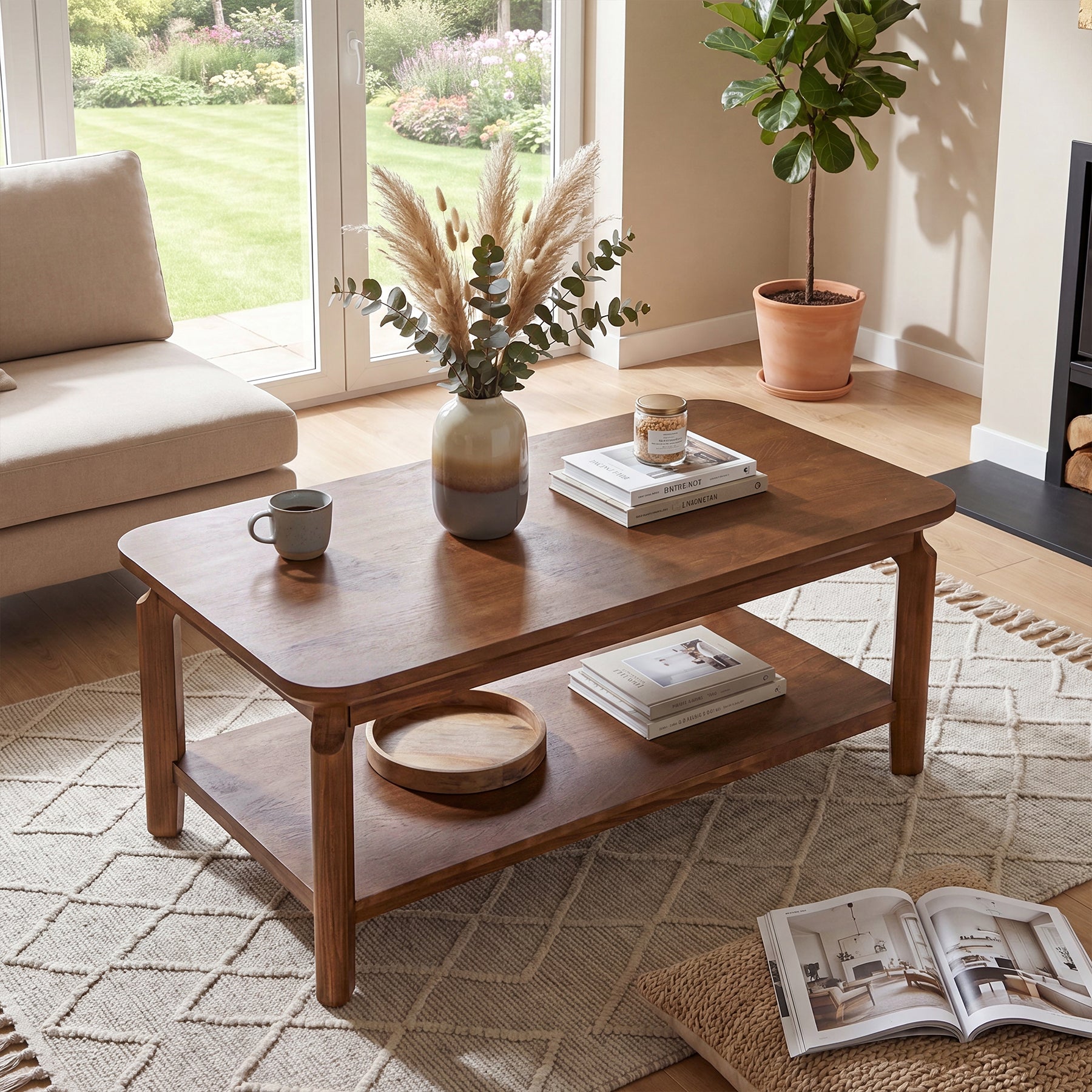Tribesigns 47-Inch Coffee Table with Open Shelf, Rounded-Corner Center Table for Living Room