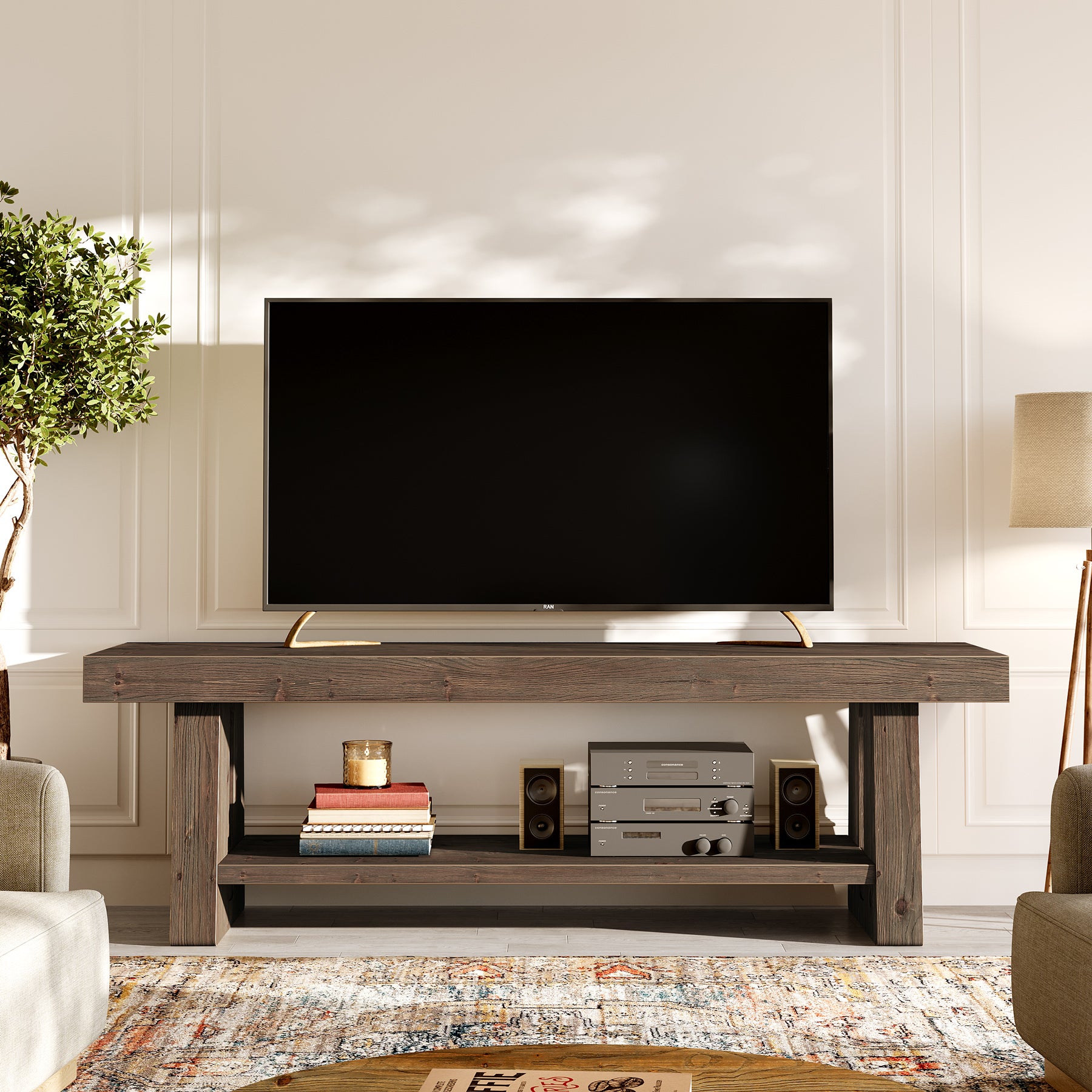 Tribesigns 63-Inch Solid Wood Farmhouse Bench with 2-Tier Open Shoe Storage