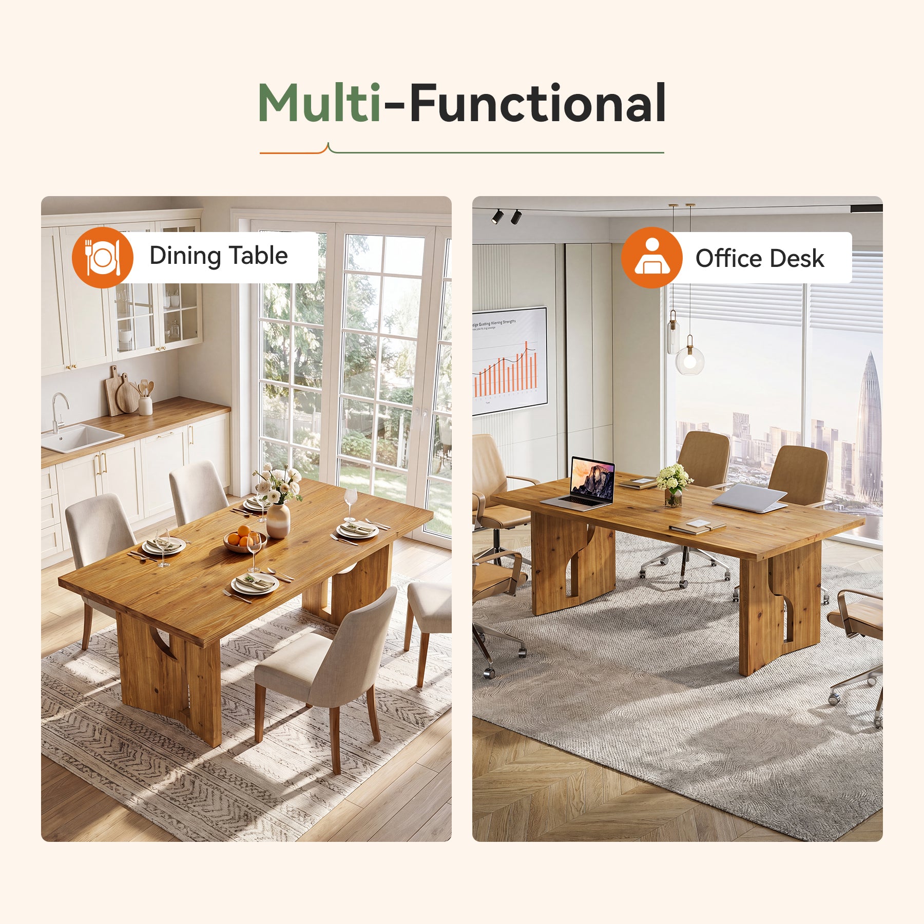 Tribesigns 63-Inch Solid Wood Dining Table with Cutout Bases, Farmhouse Table for Dining Room