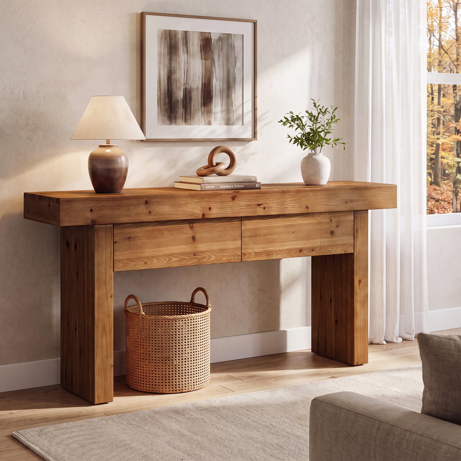 63 Inch Fir Wood Console Table with 2 Hidden Drawers, Narrow Entryway Table for Hallway