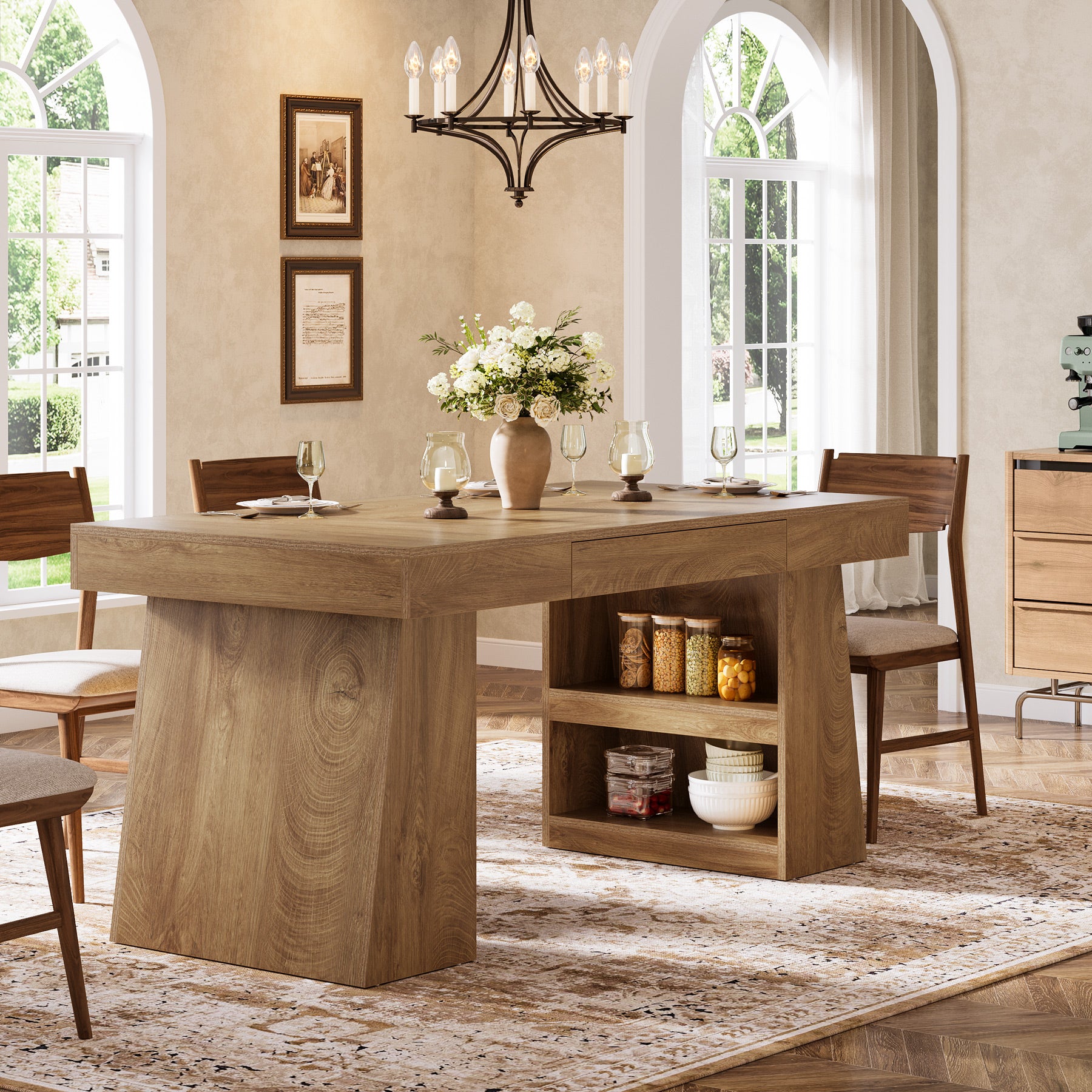 Tribesigns 55 Inch Dining Table for 4-6 People, Farmhouse Wooden Kitchen Table with Storage Drawer and Shelves