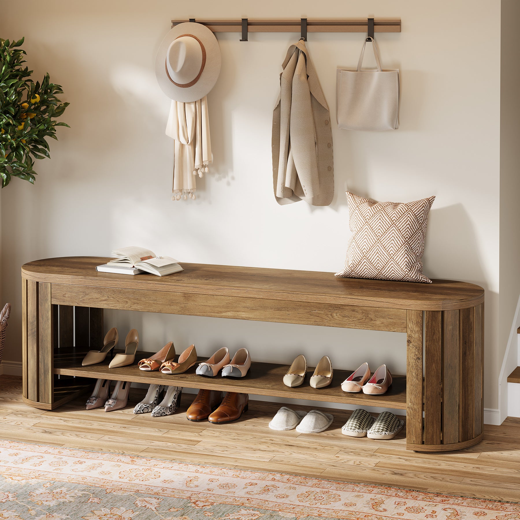 Tribesigns 63-Inch Wooden Shoe Bench with 2-Tier Storage, Narrow Entryway Bench for Entrance and Hallway