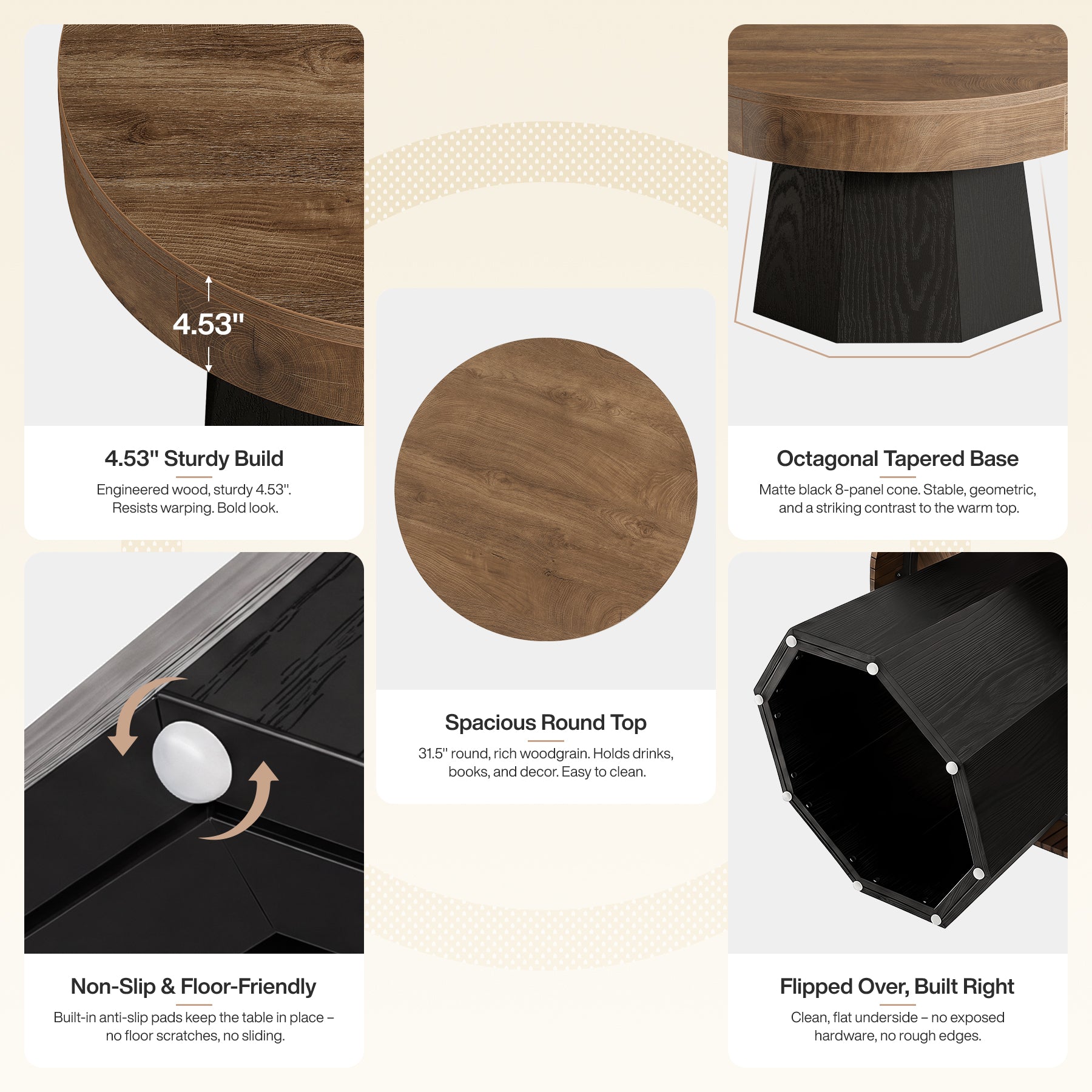 31.5-Inch Round Coffee Table with Octagonal Base, Modern Centre Table for Living Room