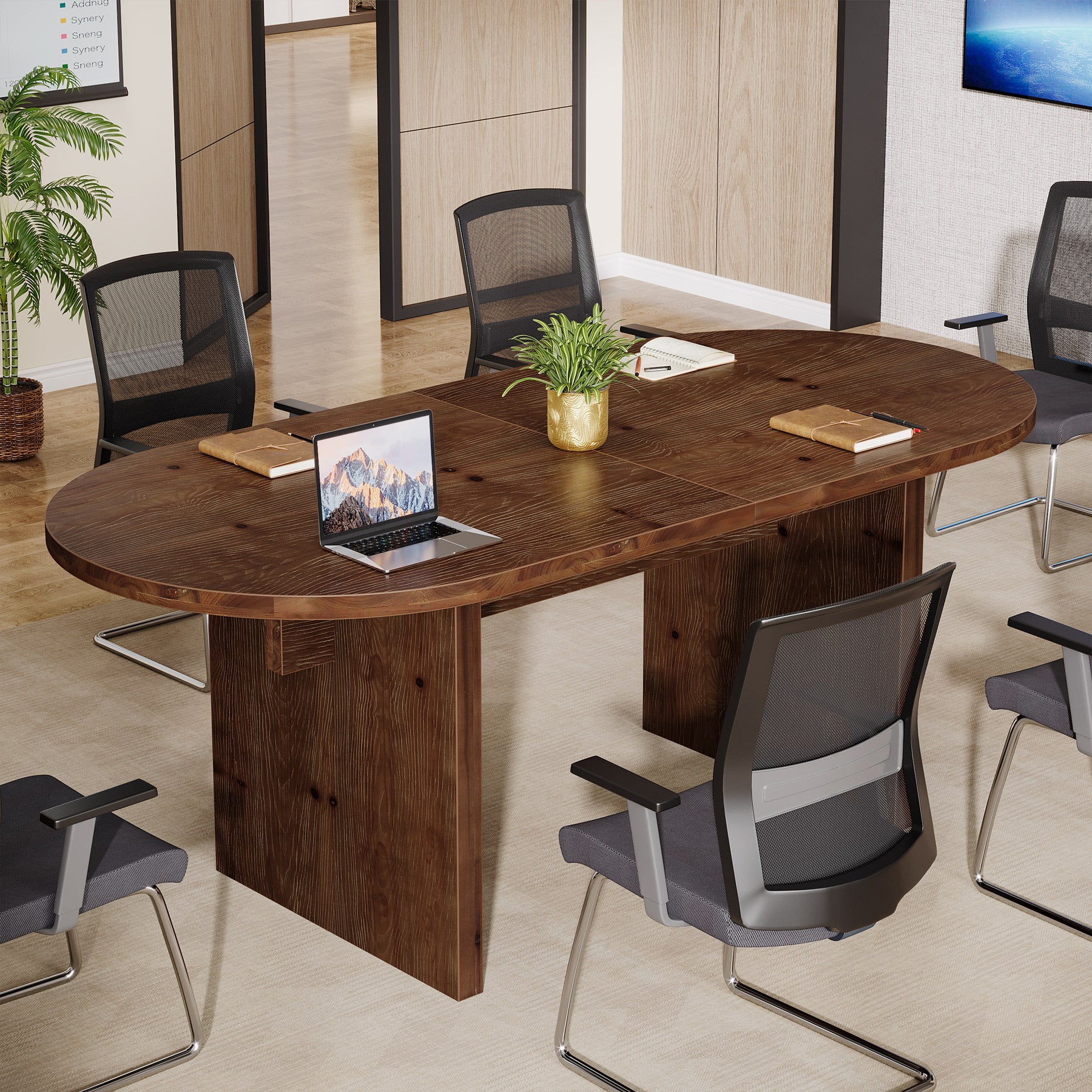 63-Inch Solid Wood Conference Table for 4 to 6 People with Oval Tabletop, Farmhouse Meeting Seminar Table