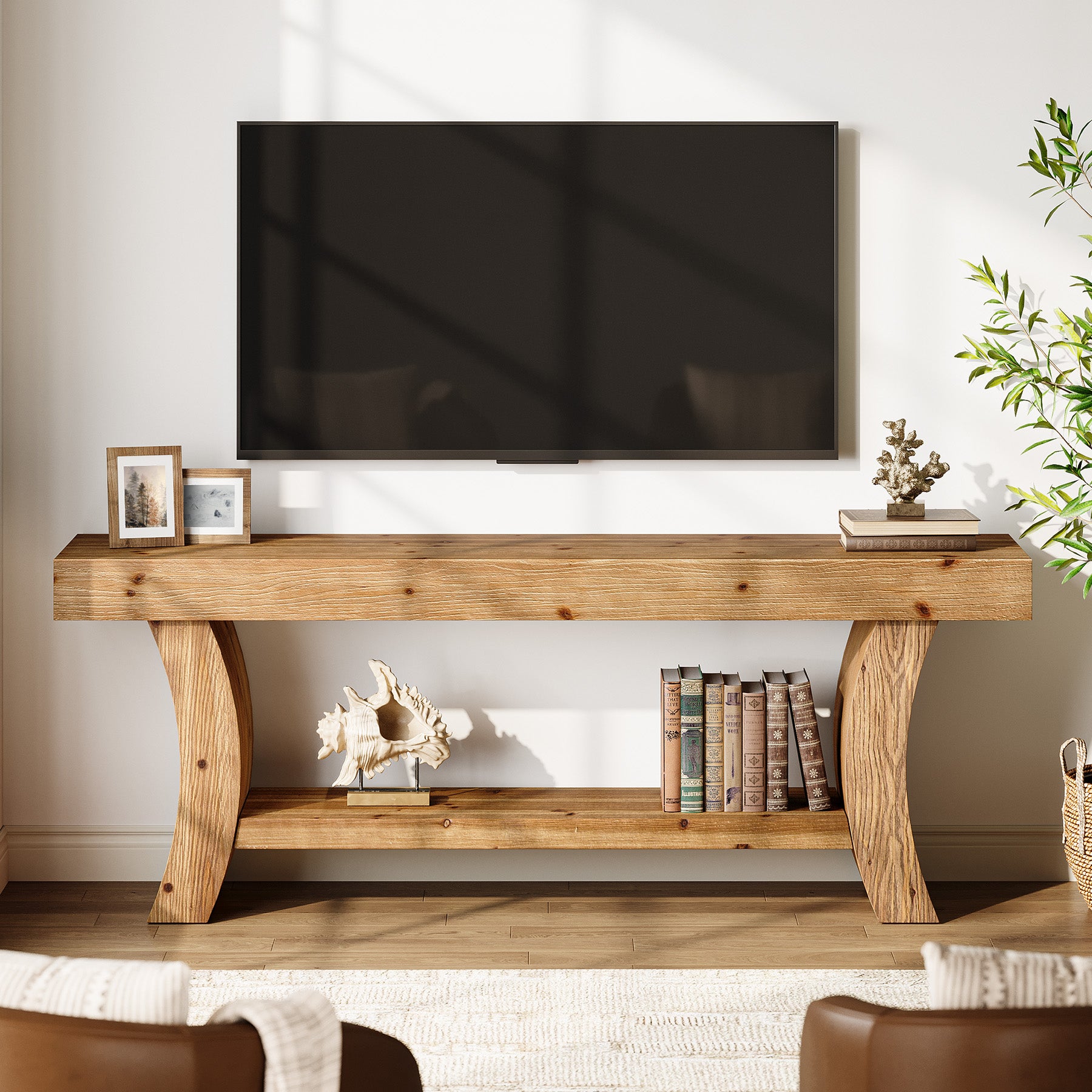 Tribesigns 63-Inch Solid Wood TV Stand with Curved Legs and 2-Tier Storage, Farmhouse Entertainment Center for Living Room and Bedroom