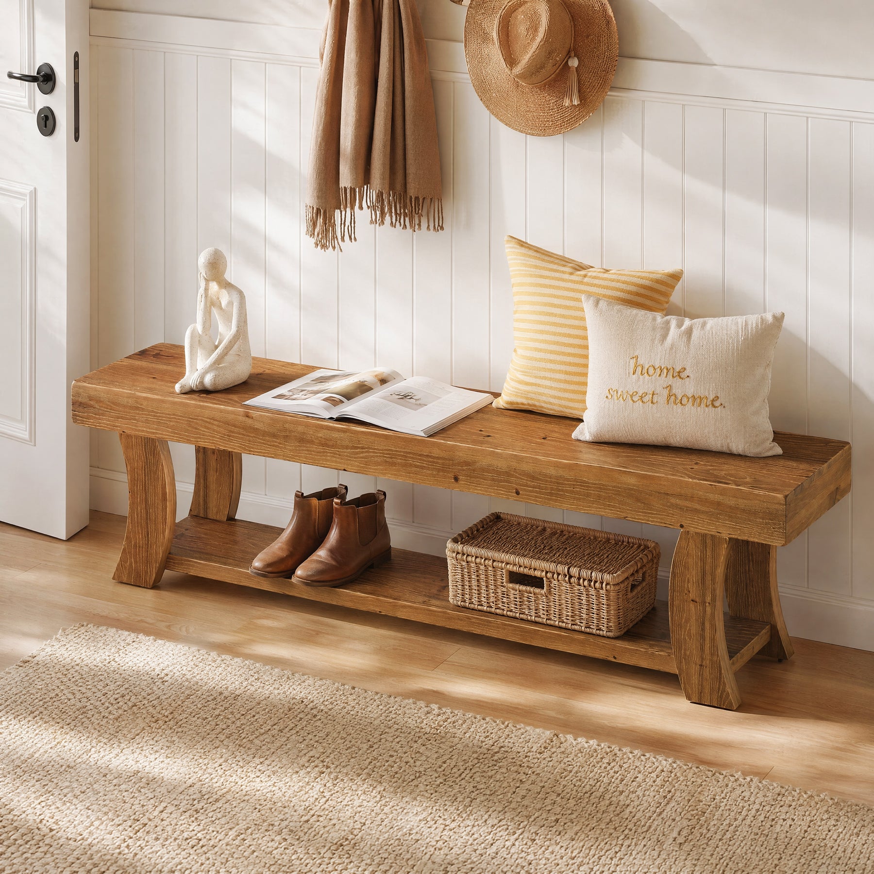 63-Inch Solid Fir Wood Storage Bench with Curved Legs, Farmhouse Bench for Hallway
