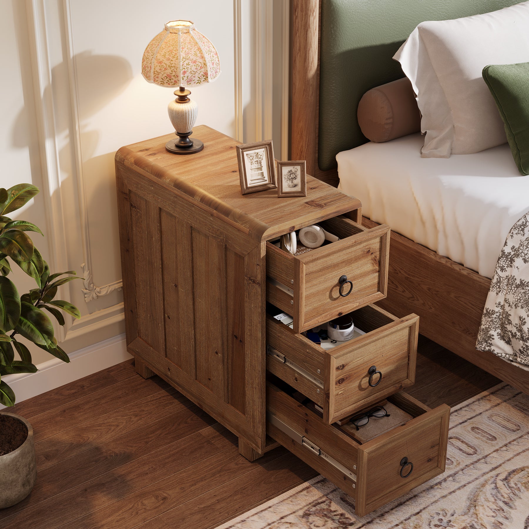 Tribesigns 11.81 Inch Narrow Solid Wood Side Table with 3 Drawers, Slim Bedside Table for Bedroom