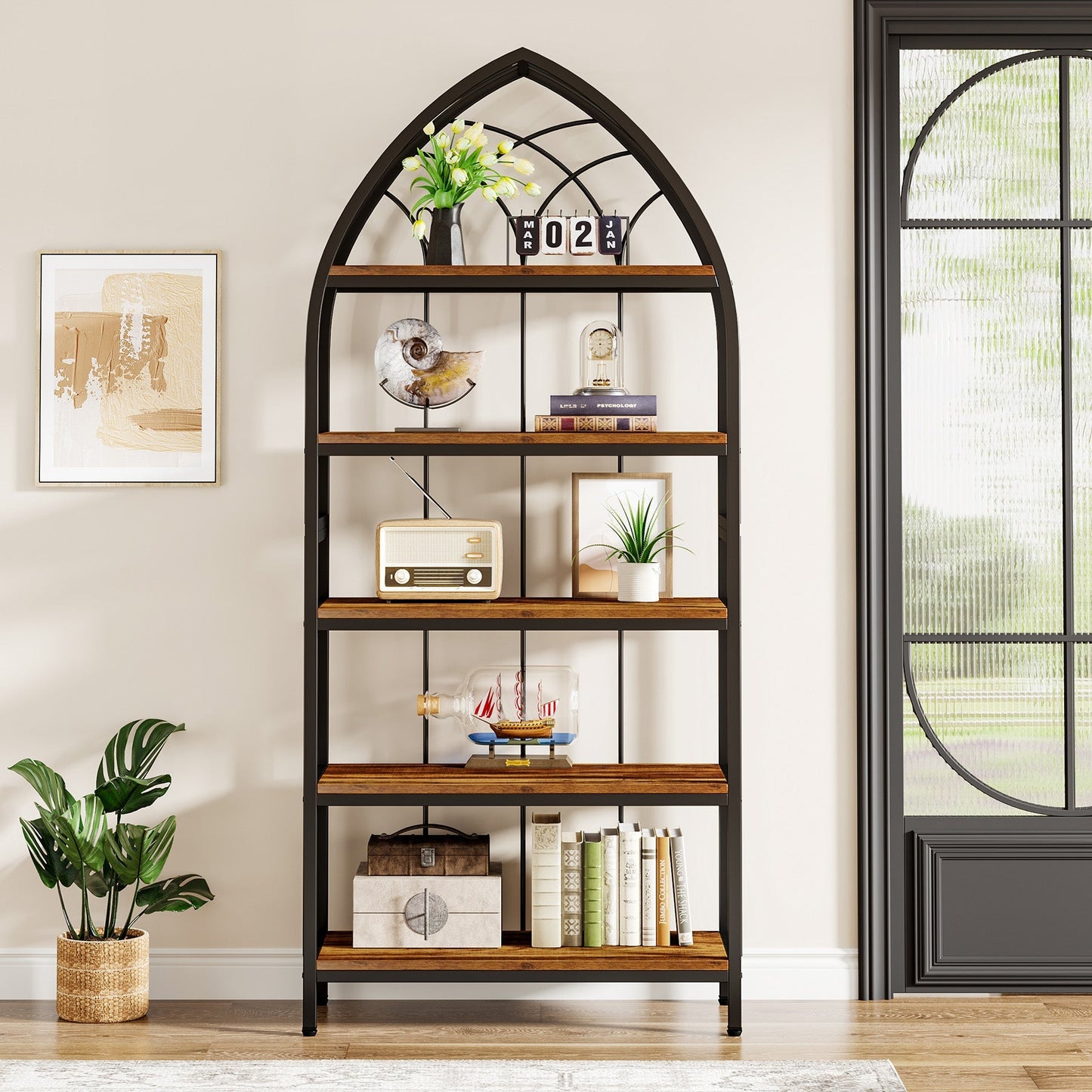 5-Tier Bookshelf, 74.8" Industrial Curved Bookcase Freestanding Display Shelf Tribesigns