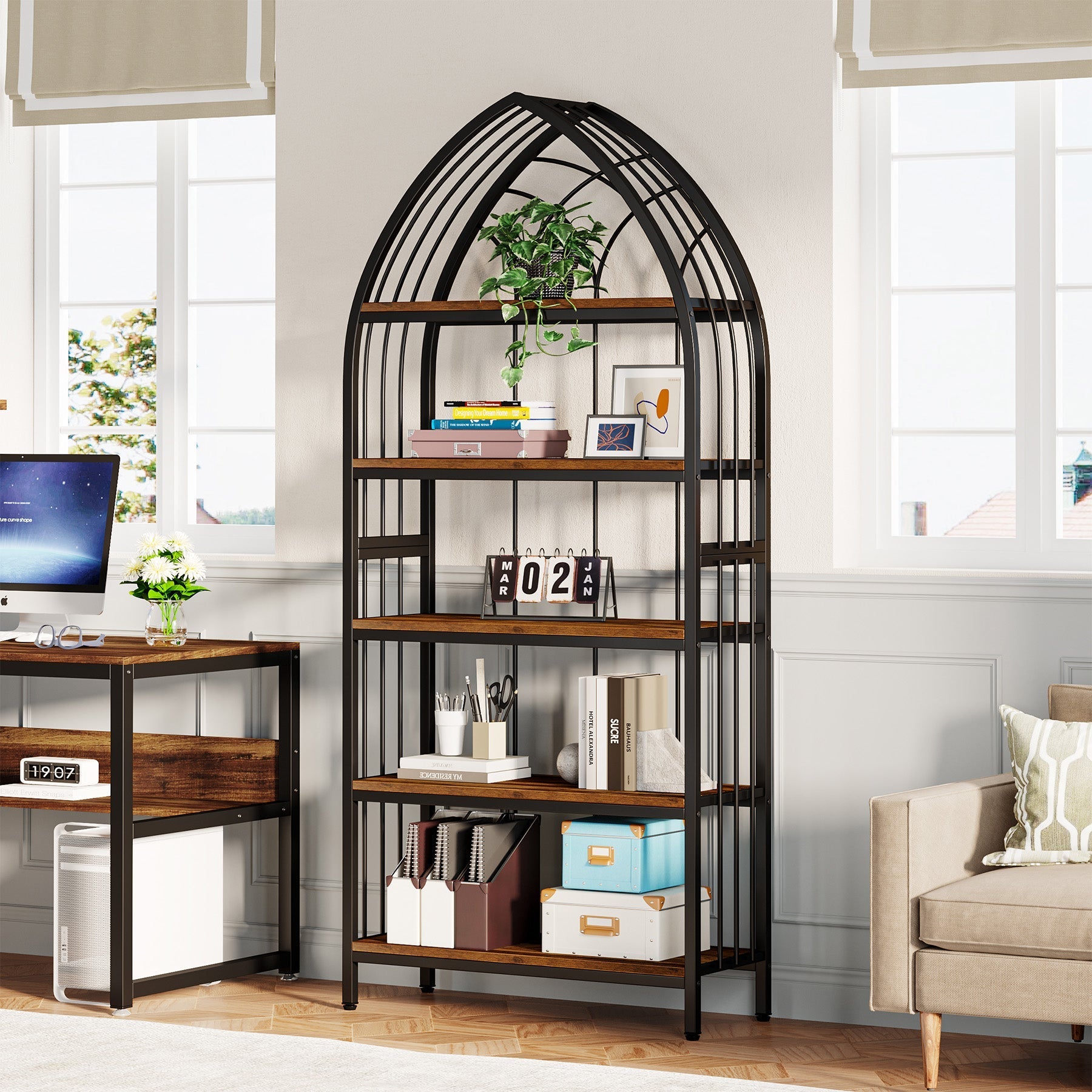 5-Tier Bookshelf, 74.8" Industrial Curved Bookcase Freestanding Display Shelf Tribesigns