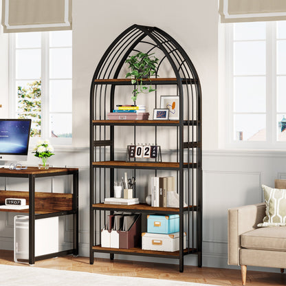 5-Tier Bookshelf, 74.8" Industrial Curved Bookcase Freestanding Display Shelf Tribesigns