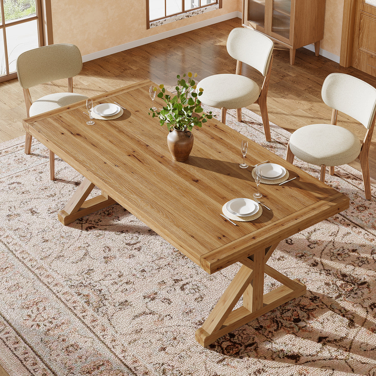 63 Inch Solid Wood Dining Table for 4-6, Farmhouse Kitchen Table with X-Shaped Legs for Dining Room
