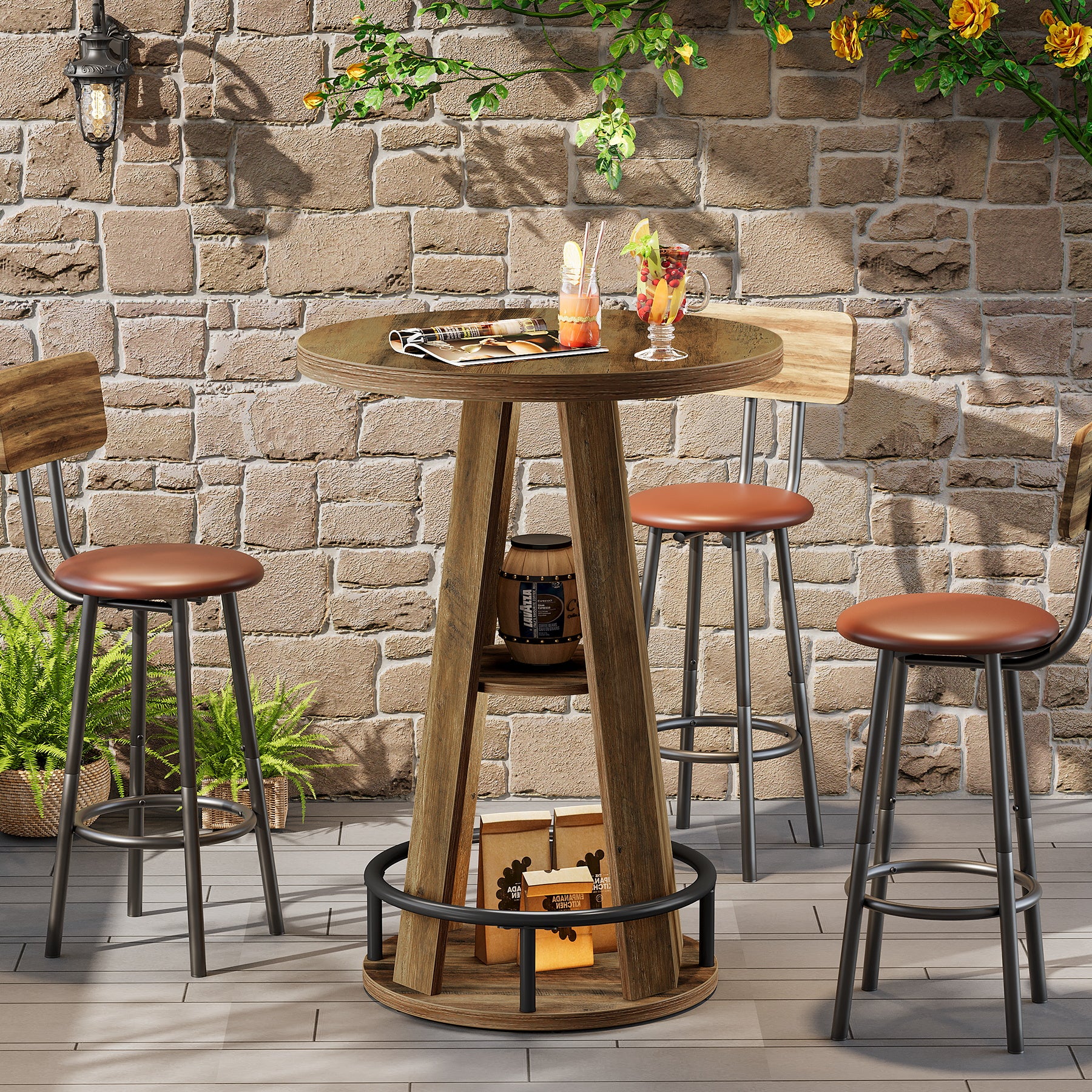 39.4-Inch Round Bar Table, High Top Industrial Bistro Table with Storage and Metal Footrest
