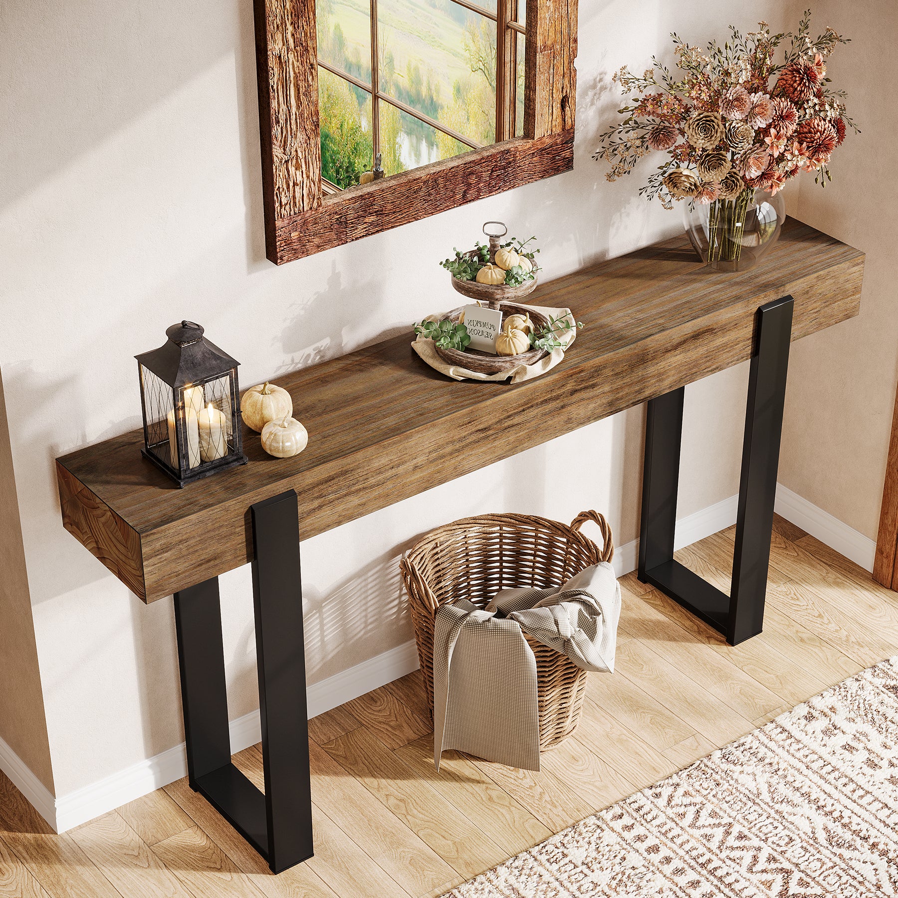 Tribesigns 63-Inch Solid Wood Sofa Table with Metal Support, Narrow Console Table for Behind Couch