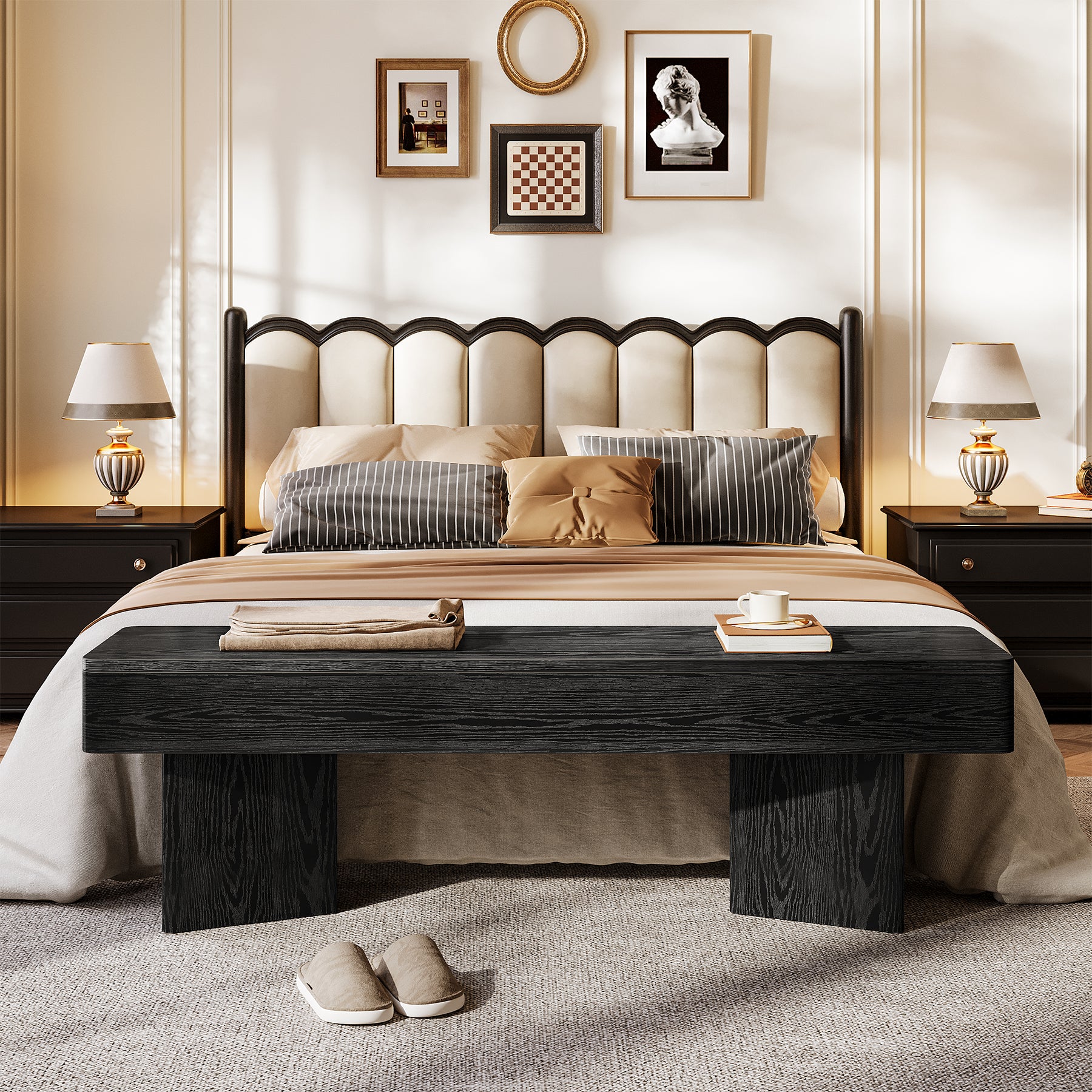 47.24-Inch Modern Indoor Bench with Black Finish and Rounded Edges，Modern Wooden Bench for Entryway