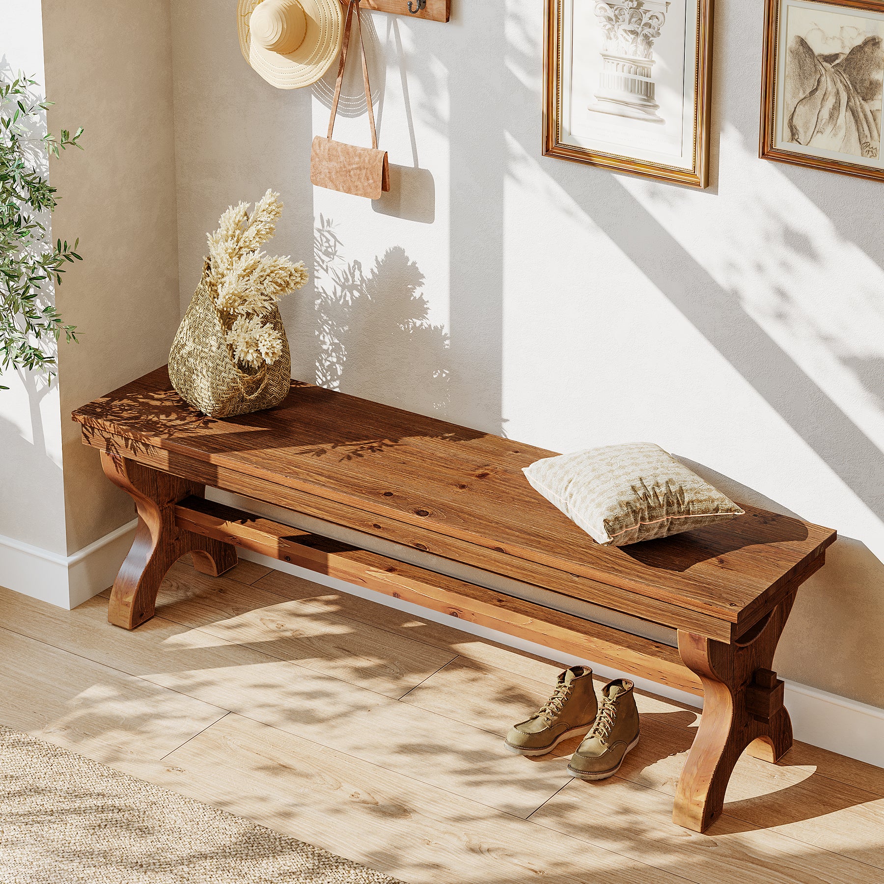55 Inch Solid Wood Entryway Bench for 2, Farmhouse Narrow Seat for Hallway and Bedroom