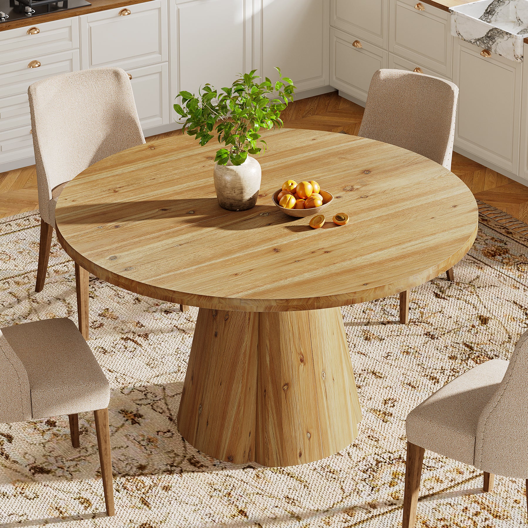 Tribesigns 47.24-Inch Solid Wood Dining Table, Farmhouse Round Kitchen Table with Pedestal Base for Dining Room