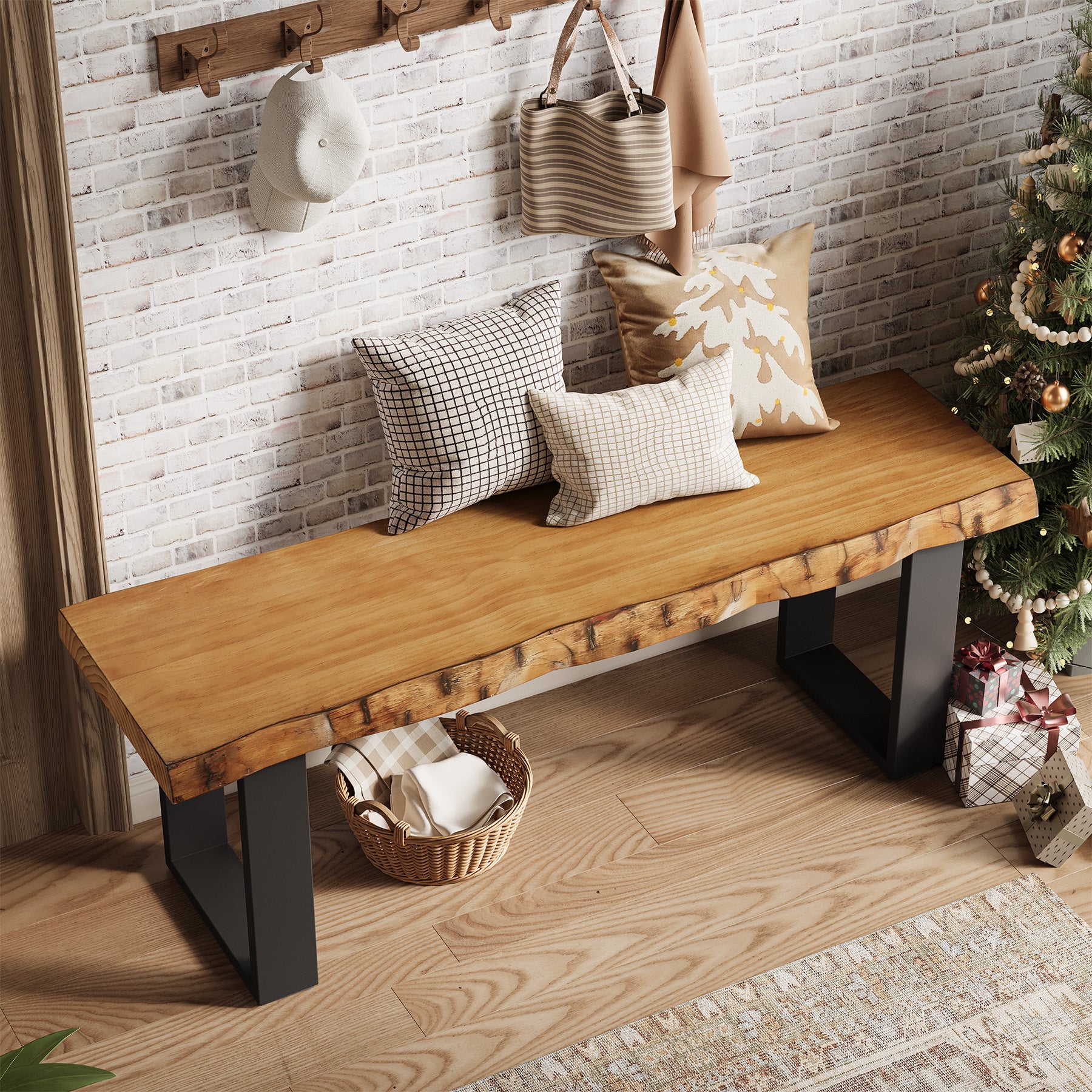 Tribesigns 47.24-Inch Industrial Entryway Bench with Solid Wood Seat, Narrow Shoe Bench for Bedroom and Hallway