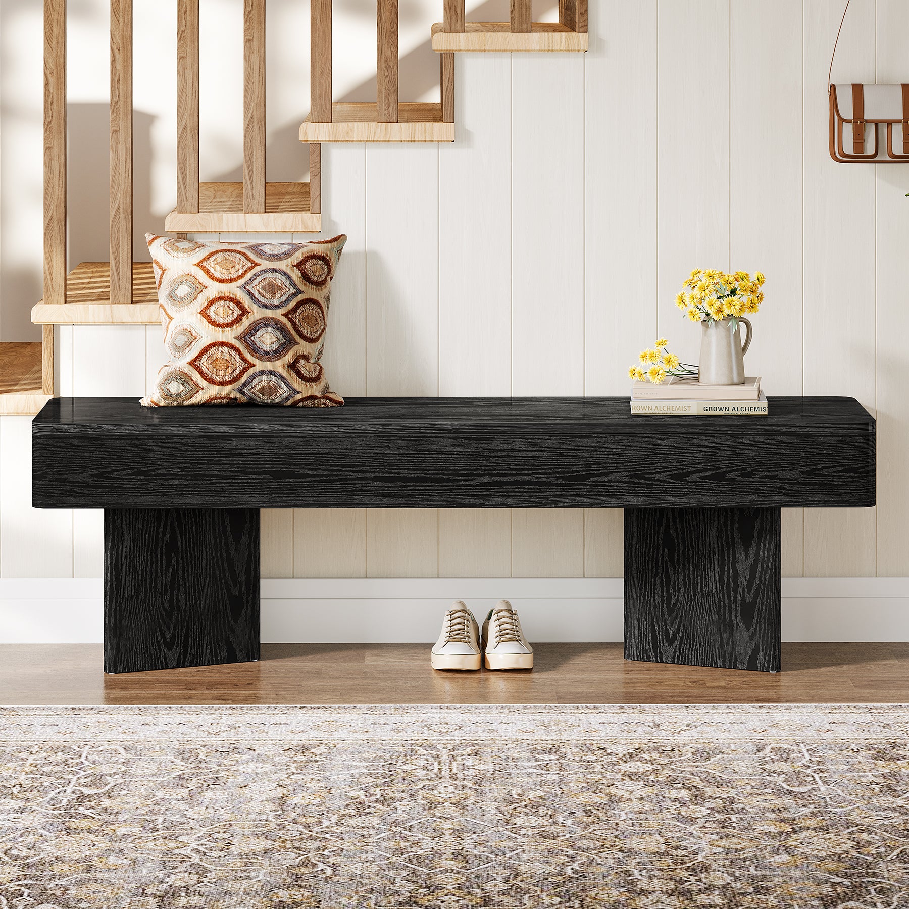 47.24-Inch Modern Indoor Bench with Black Finish and Rounded Edges，Modern Wooden Bench for Entryway