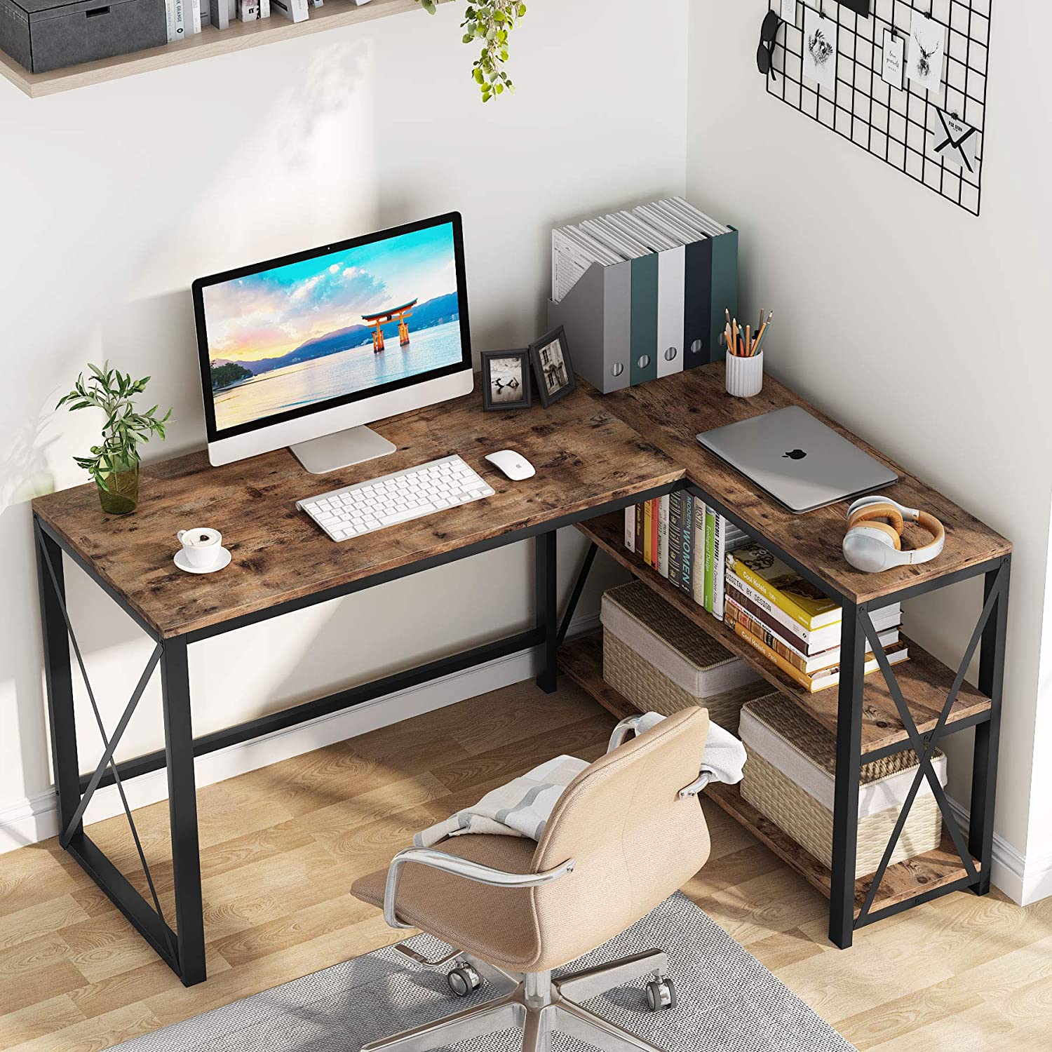 51" L-Shaped Desk, Computer Corner Desk with Storage Shelves Tribesigns