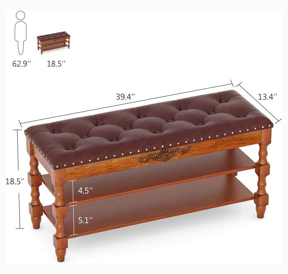 39-Inch Solid Wood Storage Bench with Lift-Top, Entryway Shoe Bench and Organizer with Hidden Compartment