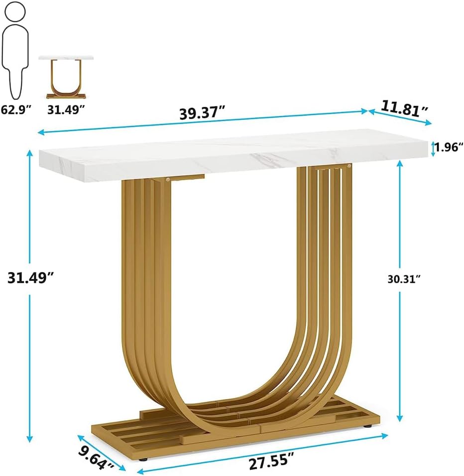 Faux Marble Console Table - 39-Inch, U-Shaped Base for Entryway or Sofa