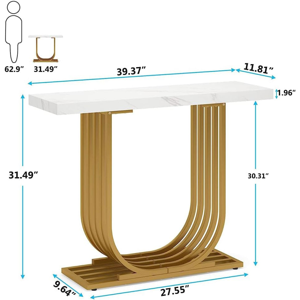 Faux Marble Console Table - 39-Inch, U-Shaped Base for Entryway or Sofa