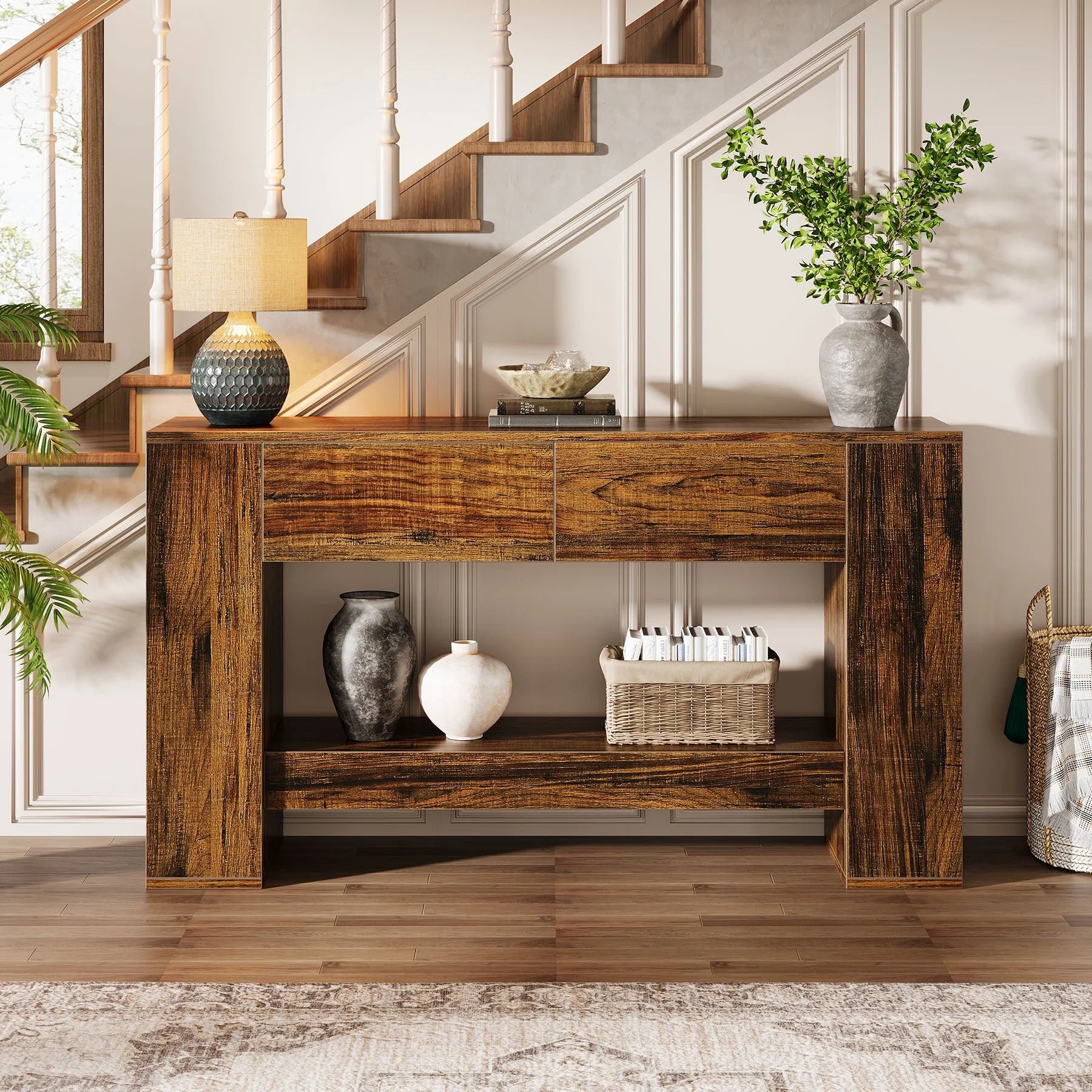55" Console Table, 2-Tier Wooden Sofa Table with 2 Drawers
