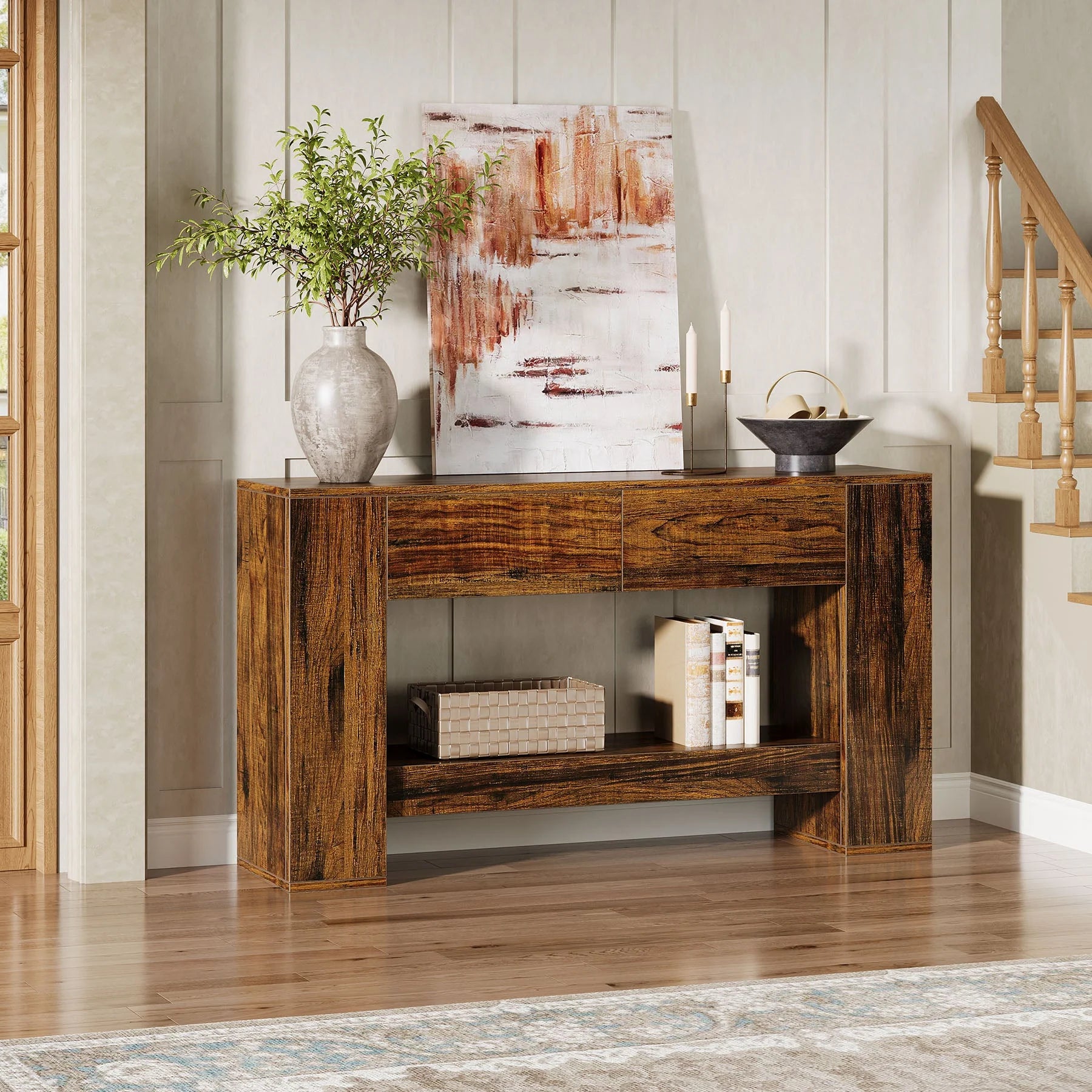 55" Console Table, 2-Tier Wooden Sofa Table with 2 Drawers