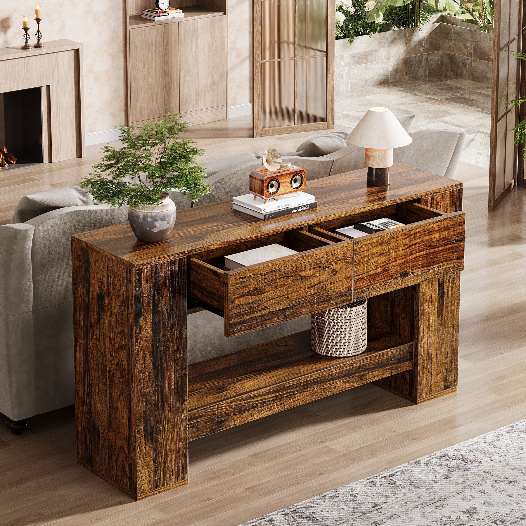 55" Console Table, 2-Tier Wooden Sofa Table with 2 Drawers