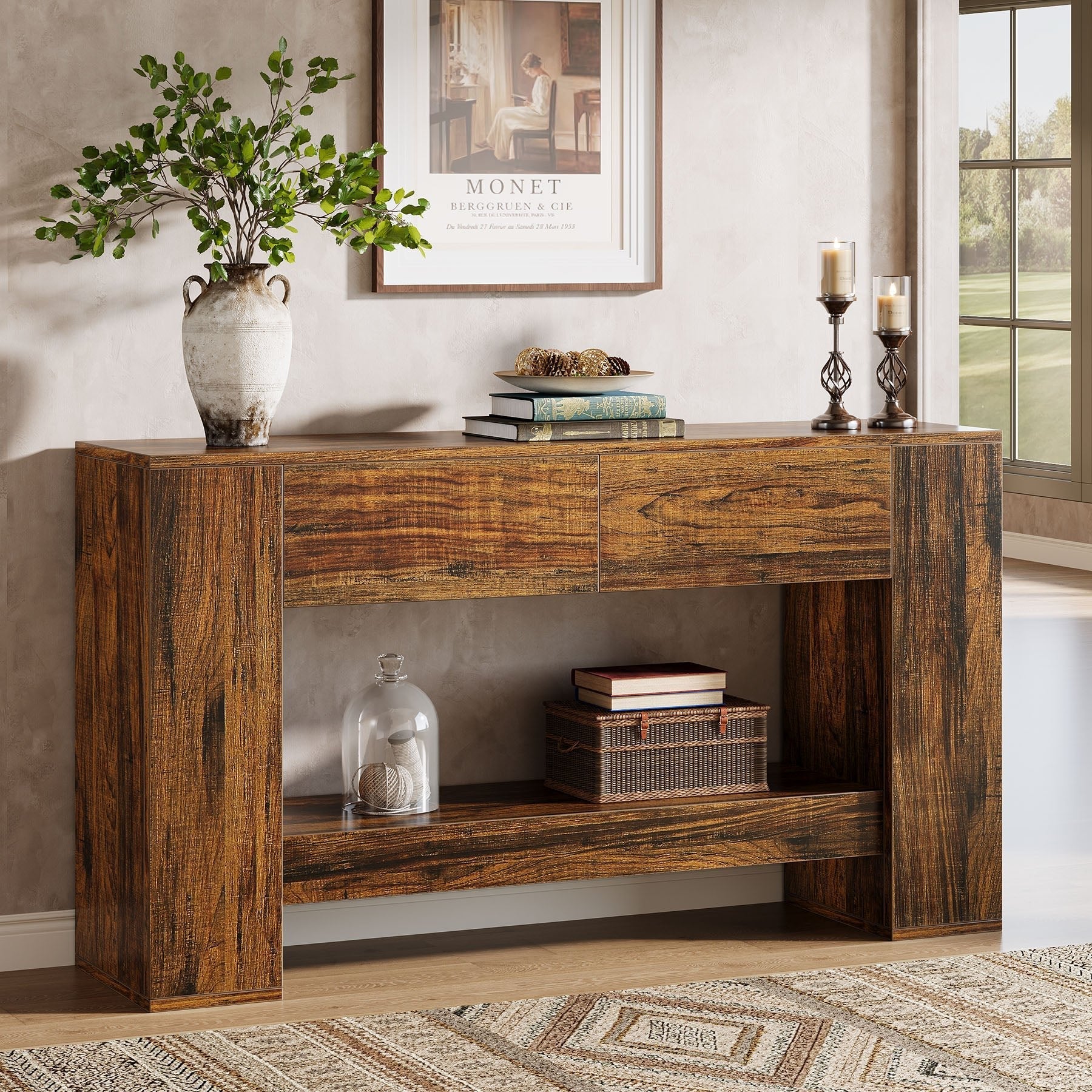 55" Console Table, 2-Tier Wooden Sofa Table with 2 Drawers