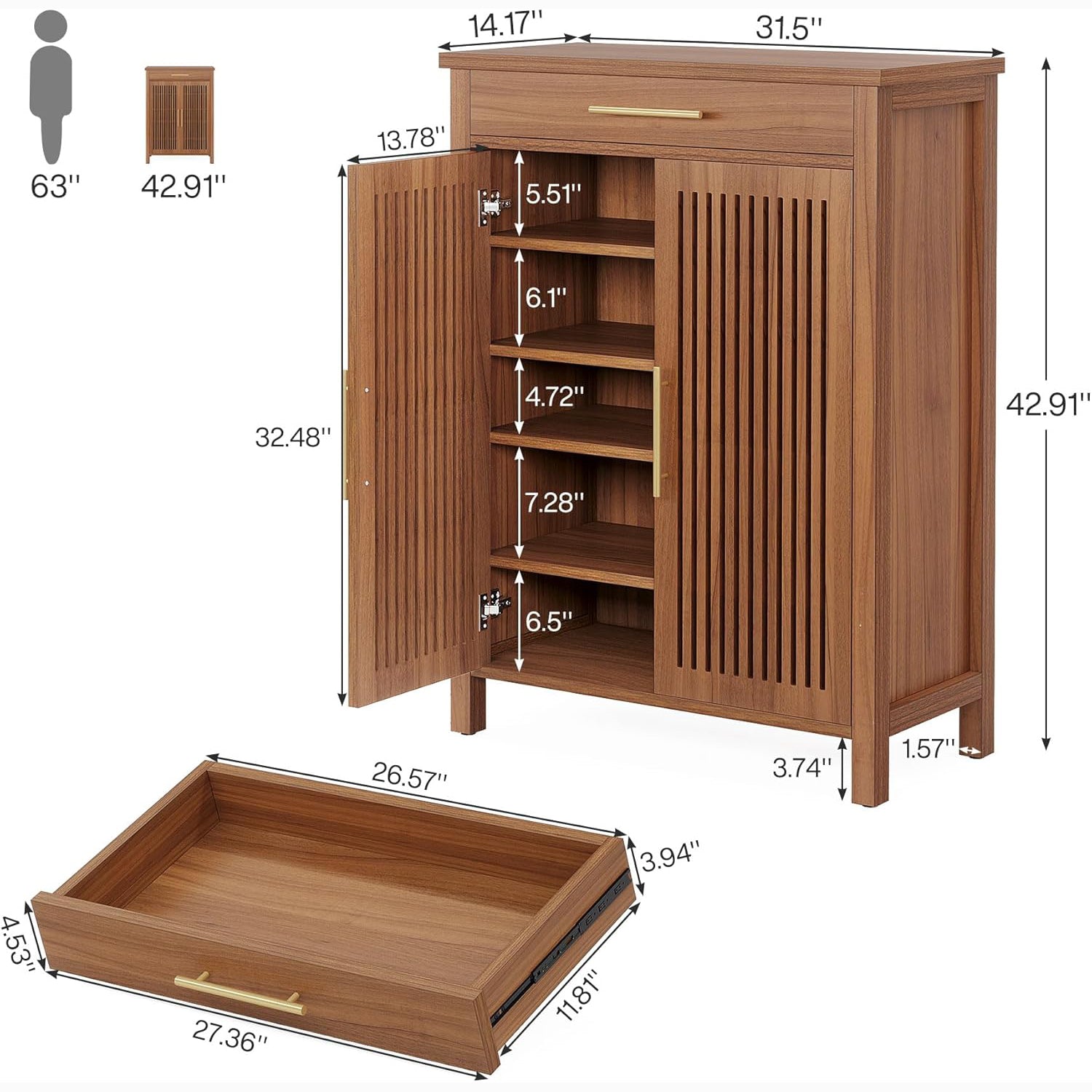 55" 5-Tier Shoe Cabinet - Louvered Door Storage Organizer with Drawer Shelves, Brown