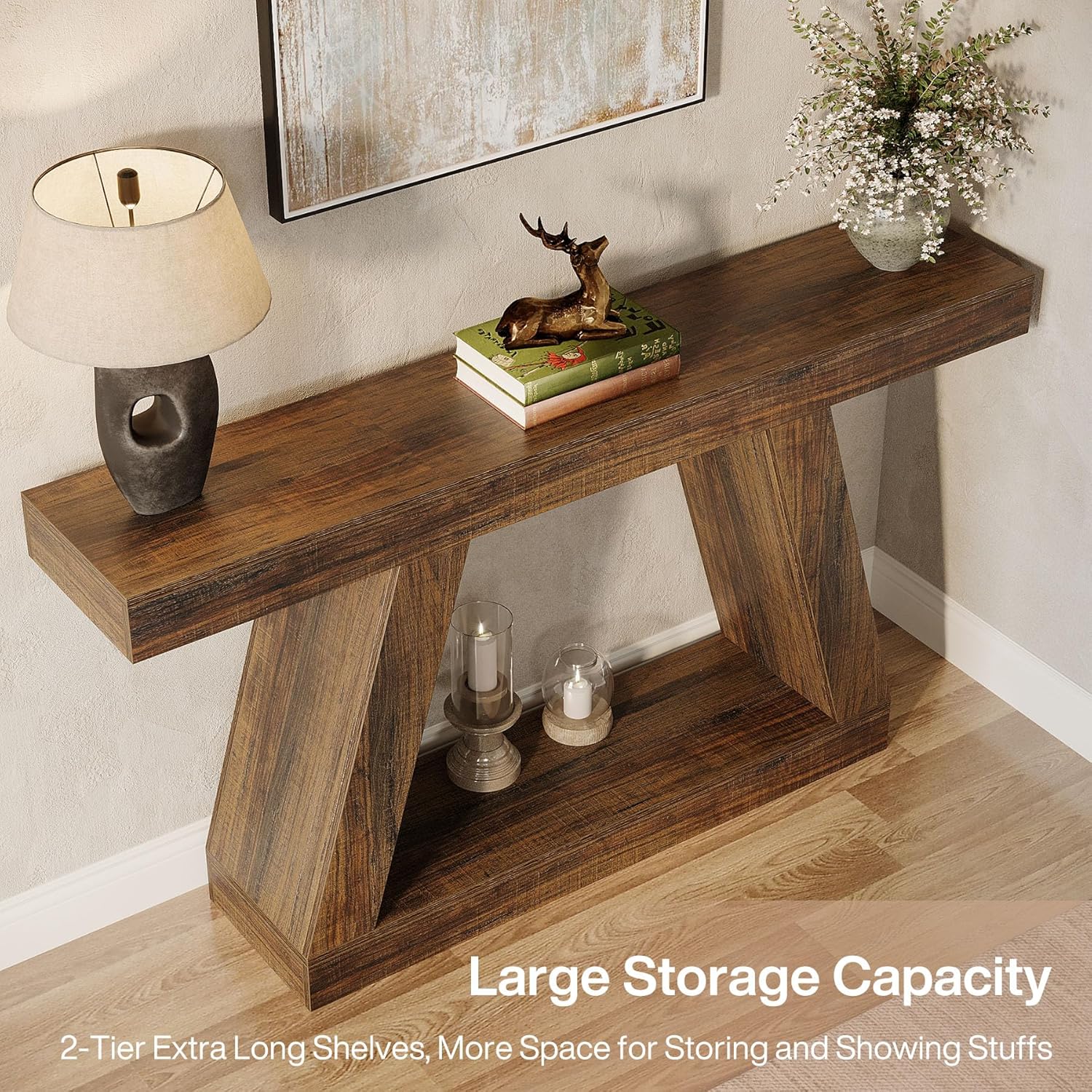 55" Farmhouse Console Table with Storage - Rustic Sofa & Entryway Table, Brown