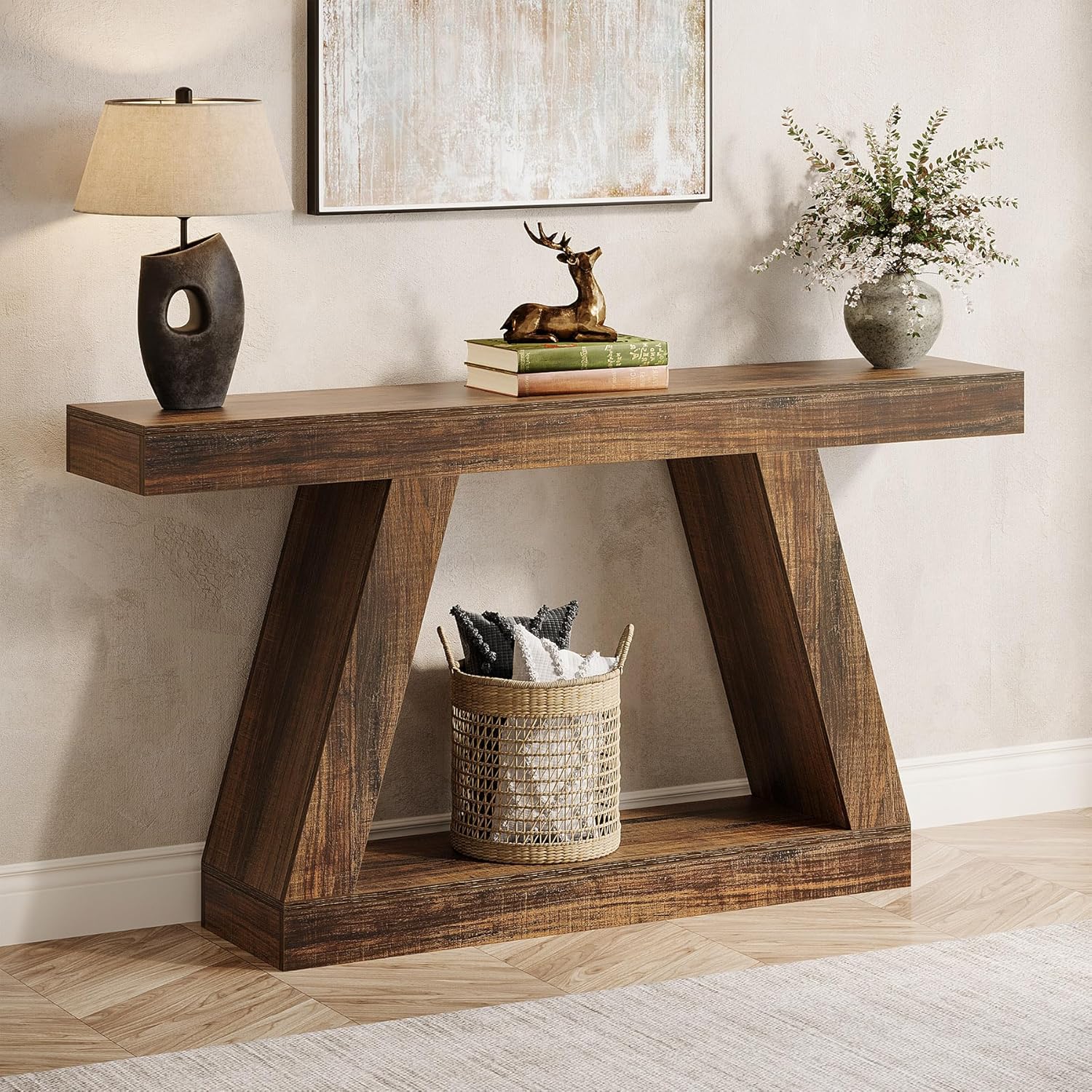 55" Farmhouse Console Table with Storage - Rustic Sofa & Entryway Table, Brown