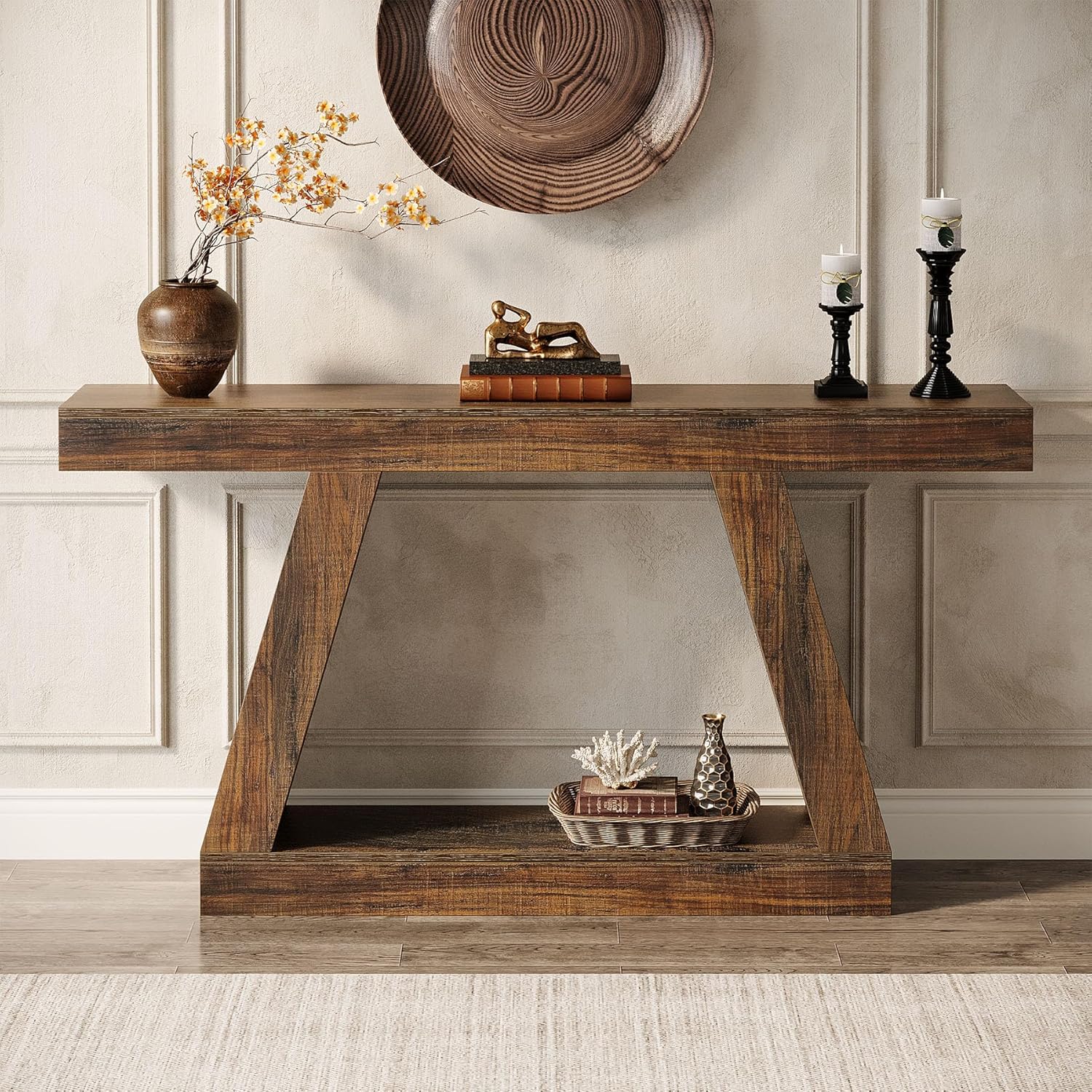 55" Farmhouse Console Table with Storage - Rustic Sofa & Entryway Table, Brown