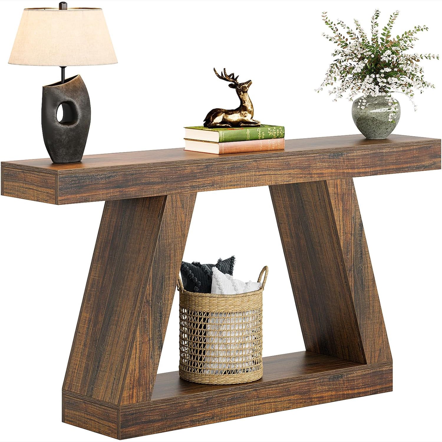 55" Farmhouse Console Table with Storage - Rustic Sofa & Entryway Table, Brown