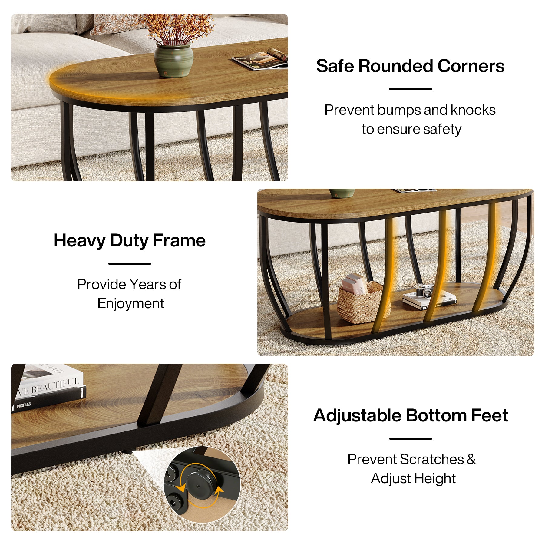 Tribesigns 47.2-Inch Oval Industrial Coffee Table, 2-Tier Wooden Center Table with Curved Metal Base