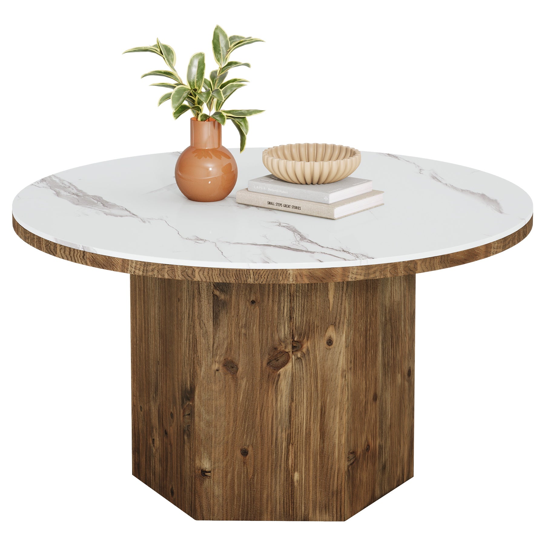 31.5" Sintered Stone Coffee Table, White Round Table with Solid Wood Base for Living Room